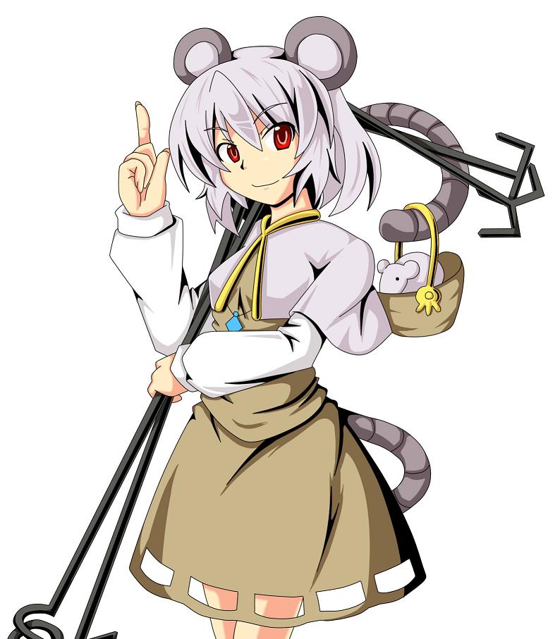 akatsu botan, kemomiti, nazrin, touhou, 1girl, animal ears, basket, female focus, grey hair, holding, holding with tail, in basket, in container, mouse (animal), mouse ears, mouse tail, prehensile tail, red eyes, simple background, solo, standing, tail, white background