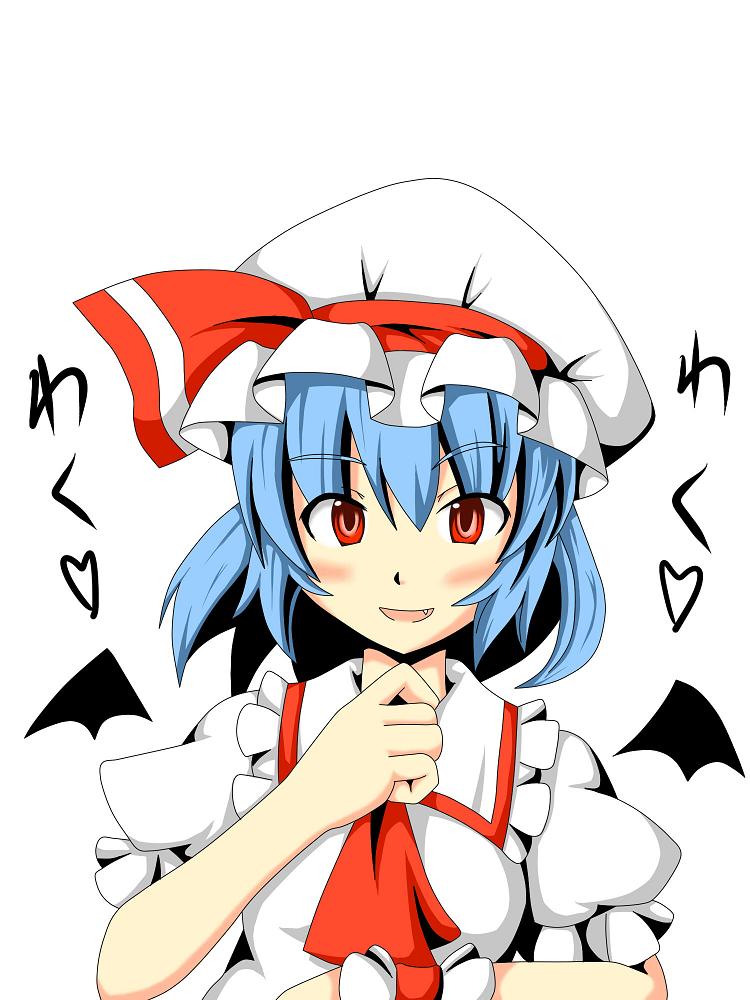 akatsu botan, kemomiti, remilia scarlet, touhou, 1girl, blue hair, female focus, hand on own chin, hat, red eyes, simple background, solo, upper body, white background, wings