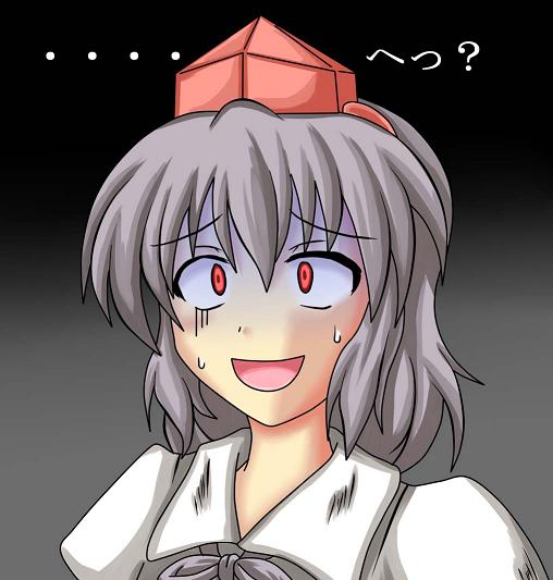 akatsu botan, kemomiti, shameimaru aya, touhou, 1girl, black background, black hair, blouse, female focus, gradient background, grey background, hat, red eyes, shaded face, shirt, simple background, solo, sweatdrop, white shirt