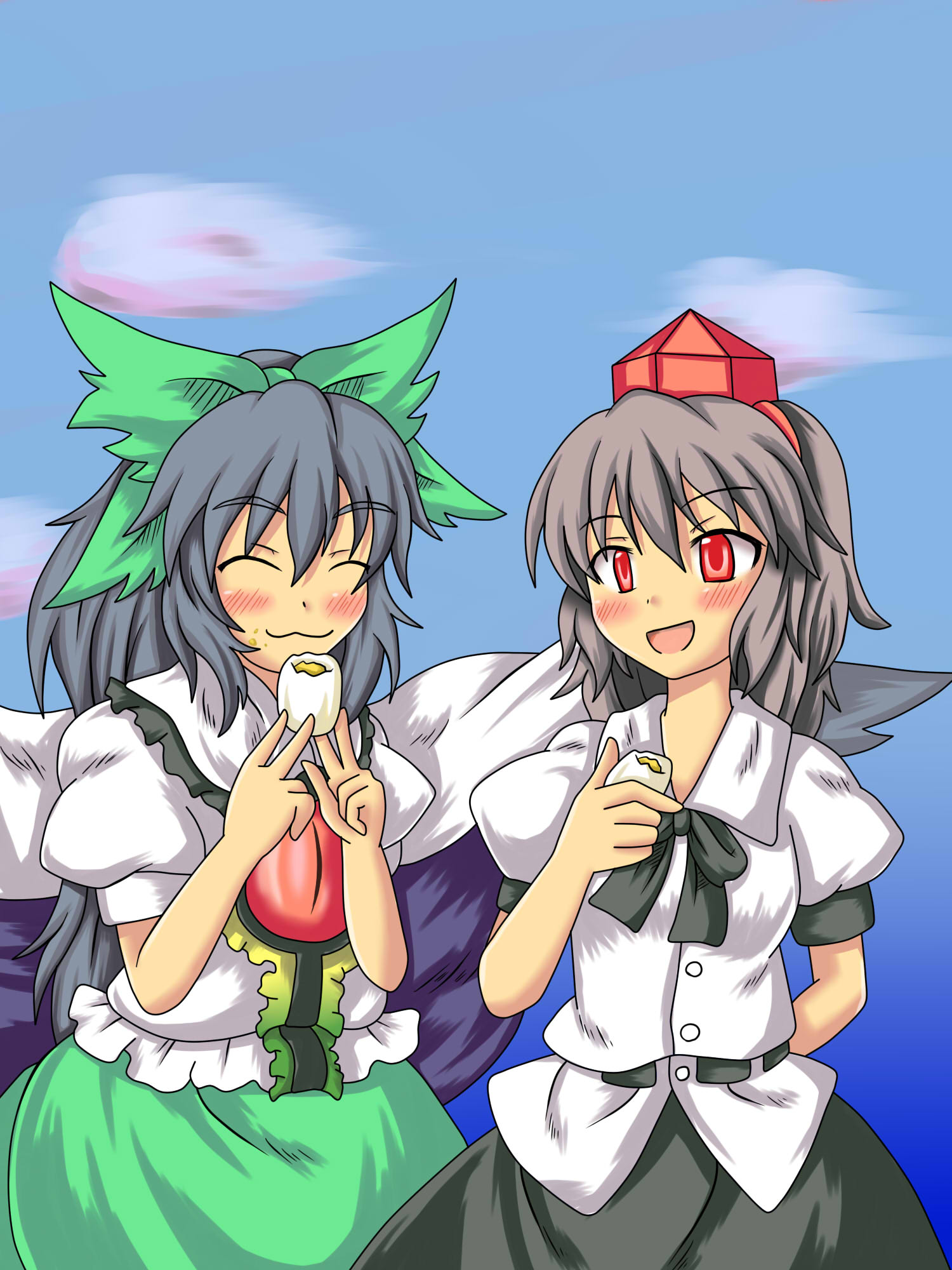 akatsu botan, kemomiti, reiuji utsuho, shameimaru aya, touhou, highres, 2girls, :3, black hair, black wings, blouse, eating, egg, female focus, hat, multiple girls, outdoors, red eyes, shirt, skirt, sky, white shirt, wings