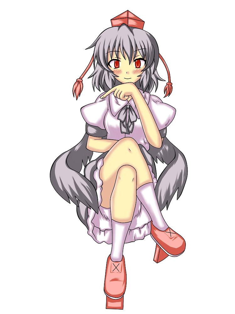 akatsu botan, kemomiti, shameimaru aya, touhou, white legwear, 1girl, black hair, black wings, blouse, blush, crossed legs, female focus, geta, hand on own chin, hat, looking at viewer, red eyes, shirt, short hair, simple background, sitting, smile, solo, tengu-geta, tokin hat, white background, white shirt, wings