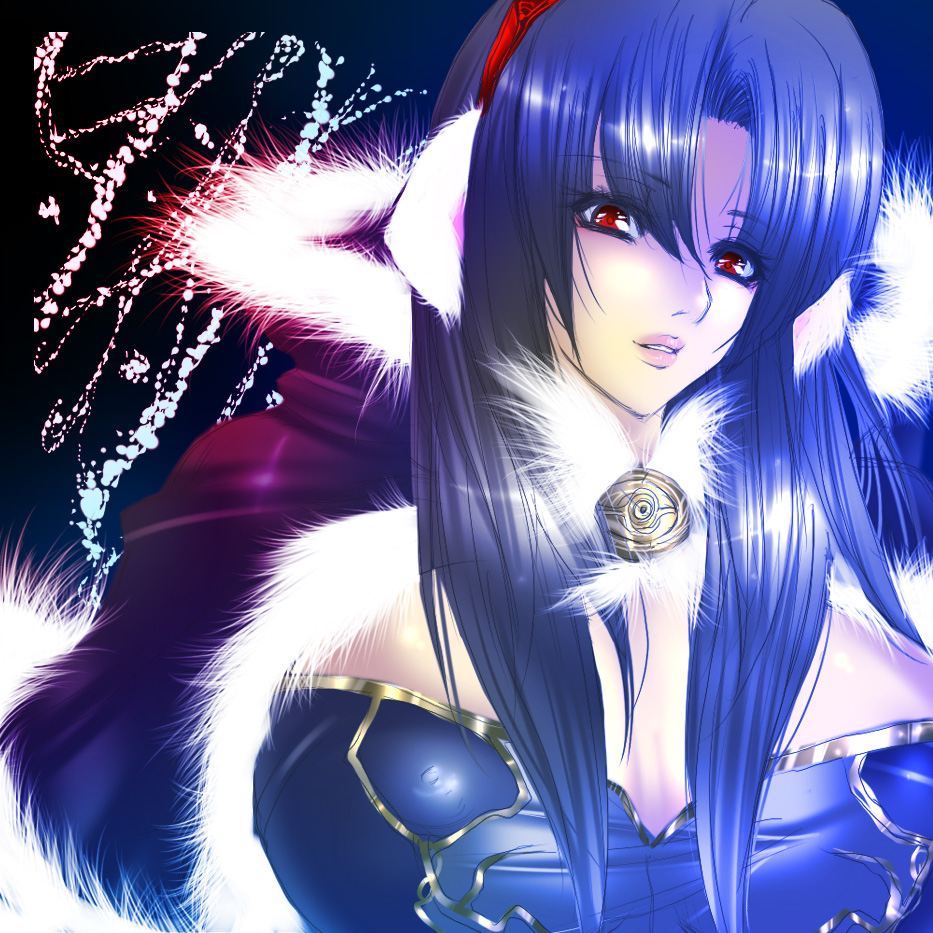 juri (shiningred), jyuri (artist), high wizard (ragnarok online), ragnarok online, 1girl, blue hair, breasts, circlet, earmuffs, female focus, huge breasts, lipstick, long hair, makeup, solo