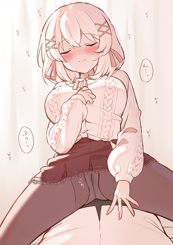 brcl7777, original, commentary request, translation request, variant set, 1boy, 1girl, aran sweater, blush, breasts, cable knit, closed eyes, closed mouth, facing viewer, girl on top, hair between eyes, hair ornament, hair ribbon, hand on own chest, hand up, hetero, large breasts, long bangs, long sleeves, looking at viewer, medium hair, miniskirt, monochrome, ocean, out of frame, panties, panties under pantyhose, pantyhose, pleated skirt, pov, raised inner eyebrows, red thighhighs, ribbon, skirt, solo focus, sound effects, speech bubble, spread legs, straddling, sweat, sweater, thighhighs, underwear, wet, wet clothes, wet panties, x hair ornament