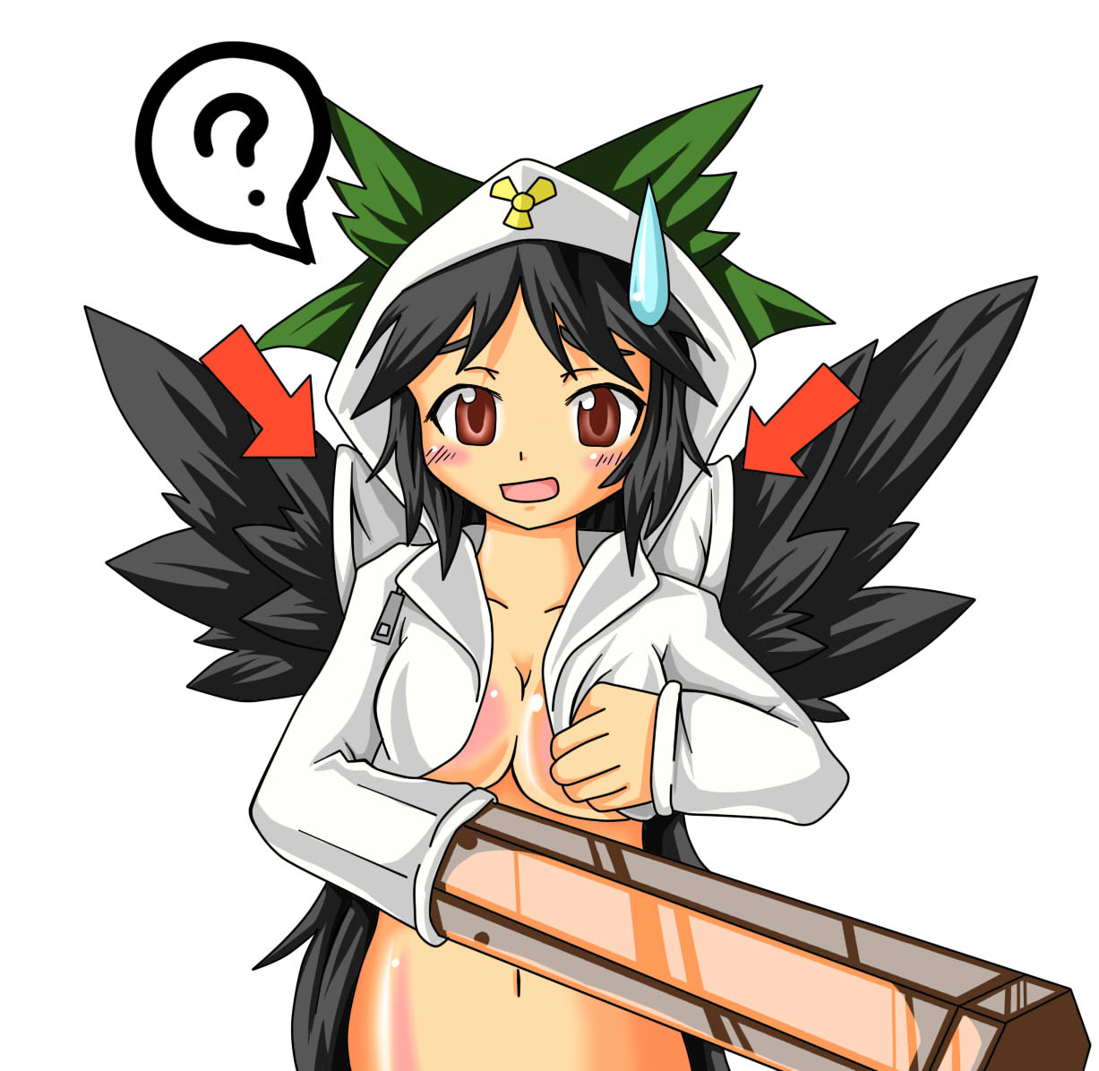 akatsu botan, kemomiti, reiuji utsuho, touhou, 1girl, black hair, bottomless, breasts, female focus, long hair, navel, no bra, radiation symbol, simple background, solo, very long hair, white background, wings