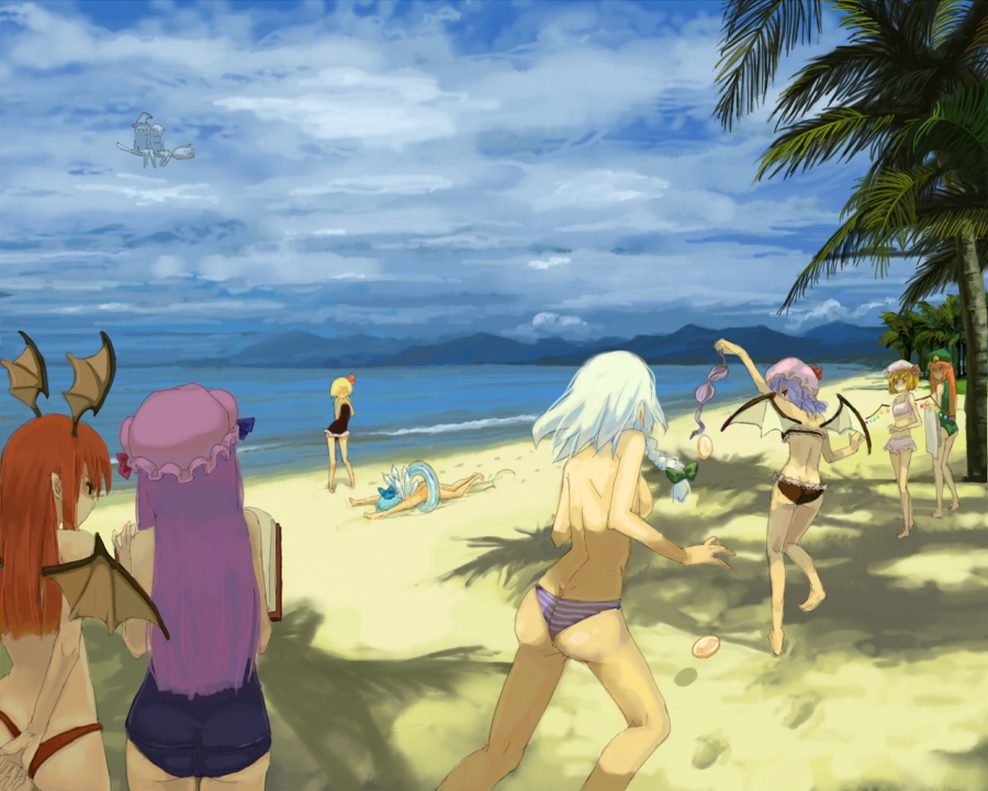 77gl, alice margatroid, cirno, flandre scarlet, hong meiling, izayoi sakuya, kirisame marisa, koakuma, patchouli knowledge, remilia scarlet, rumia, embodiment of scarlet devil, touhou, bad id, bad pixiv id, 6+girls, ass, barefoot, bat wings, beach, bikini, blonde hair, blue hair, book, breast padding, broom, broom riding, butt crack, clothes theft, day, demon wings, fallen down, female focus, from behind, head wings, innertube, long hair, multiple girls, nude, one-piece swimsuit, outdoors, palm tree, purple hair, red hair, school swimsuit, short hair, swim ring, swimsuit, swimsuit theft, theft, topfreedom, topless female, tree, white hair, wings