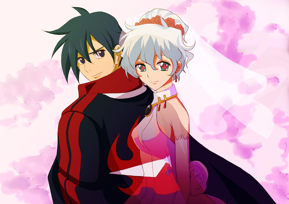 nigiriushi, nia teppelin, simon (ttgl), tengen toppa gurren lagann, bad id, bad pixiv id, + +, 00s, 1boy, 1girl, aged up, blue eyes, blue hair, bridal veil, bride, couple, dress, earrings, elbow gloves, flower, gloves, hetero, jewelry, short hair, veil, wedding dress