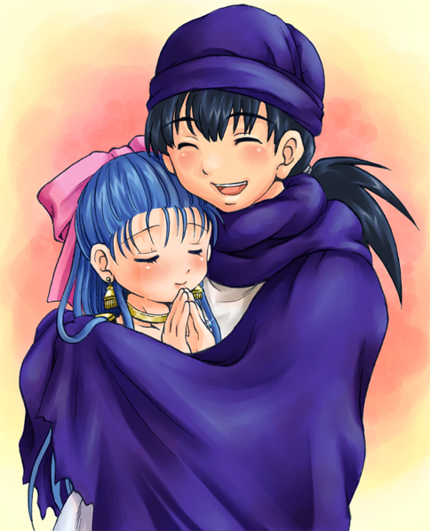 demerin, flora (dq5), hero (dq5), dragon quest, dragon quest v, bad id, bad pixiv id, 1boy, 1girl, blue hair, bow, cape, closed eyes, couple, earrings, hair bow, half updo, hetero, hug, jewelry