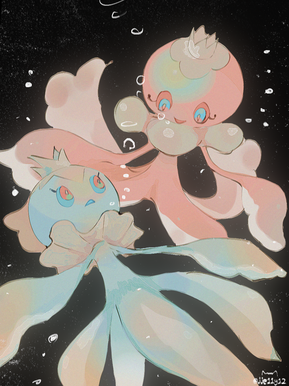 jari (jje11y12), frillish, frillish (female), frillish (male), nintendo, pokemon, highres, animal focus, artist name, black background, blue eyes, blue sclera, bubble, colored sclera, eye contact, full body, gen 5 pokemon, happy, looking at another, no humans, open mouth, pink eyes, pink sclera, pokemon (creature), signature, smile, twitter username, underwater