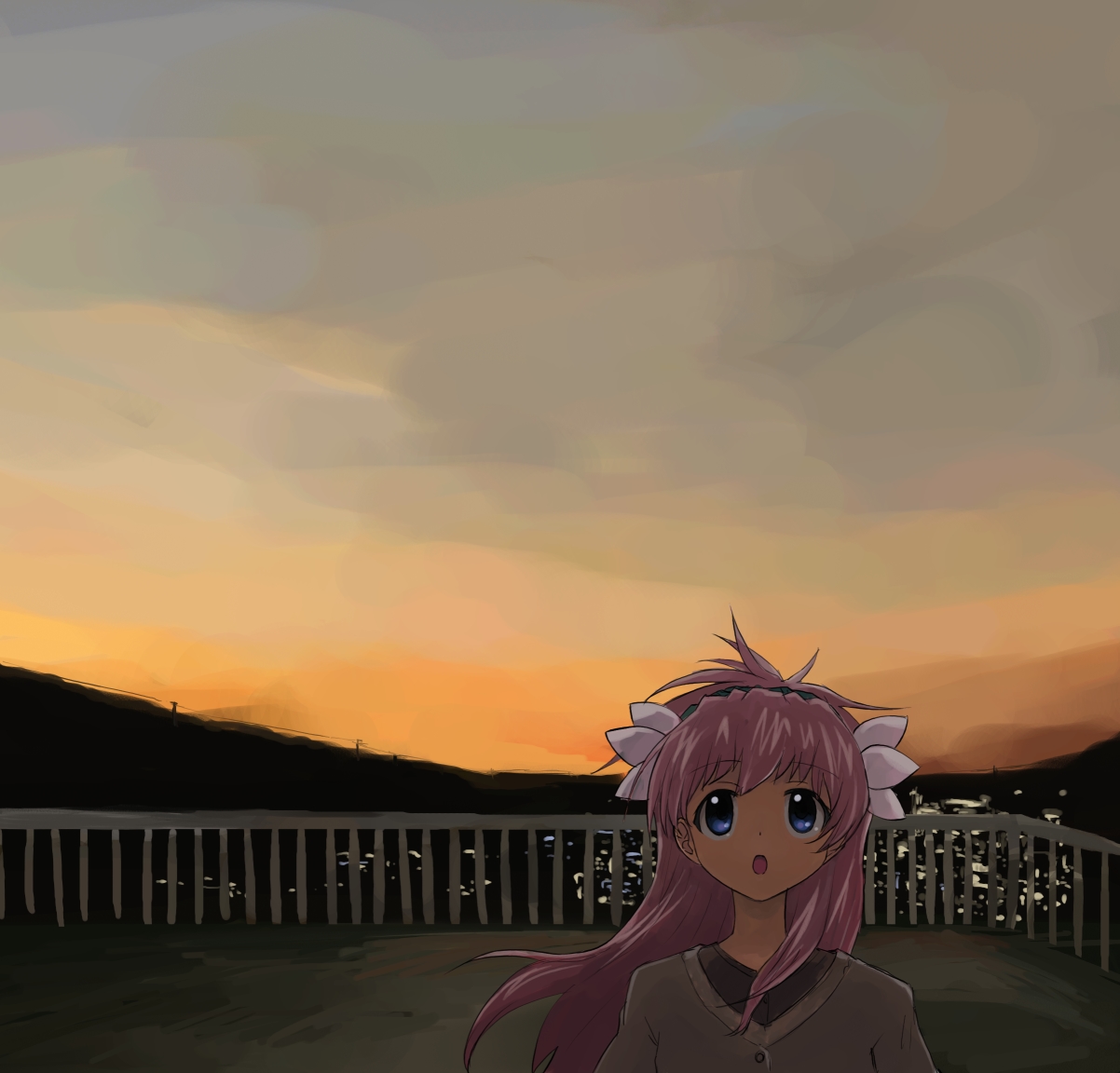 nyama, milfeulle sakuraba, galaxy angel, bad id, bad pixiv id, 00s, 1girl, blue eyes, female focus, long hair, outdoors, pink hair, sky, solo