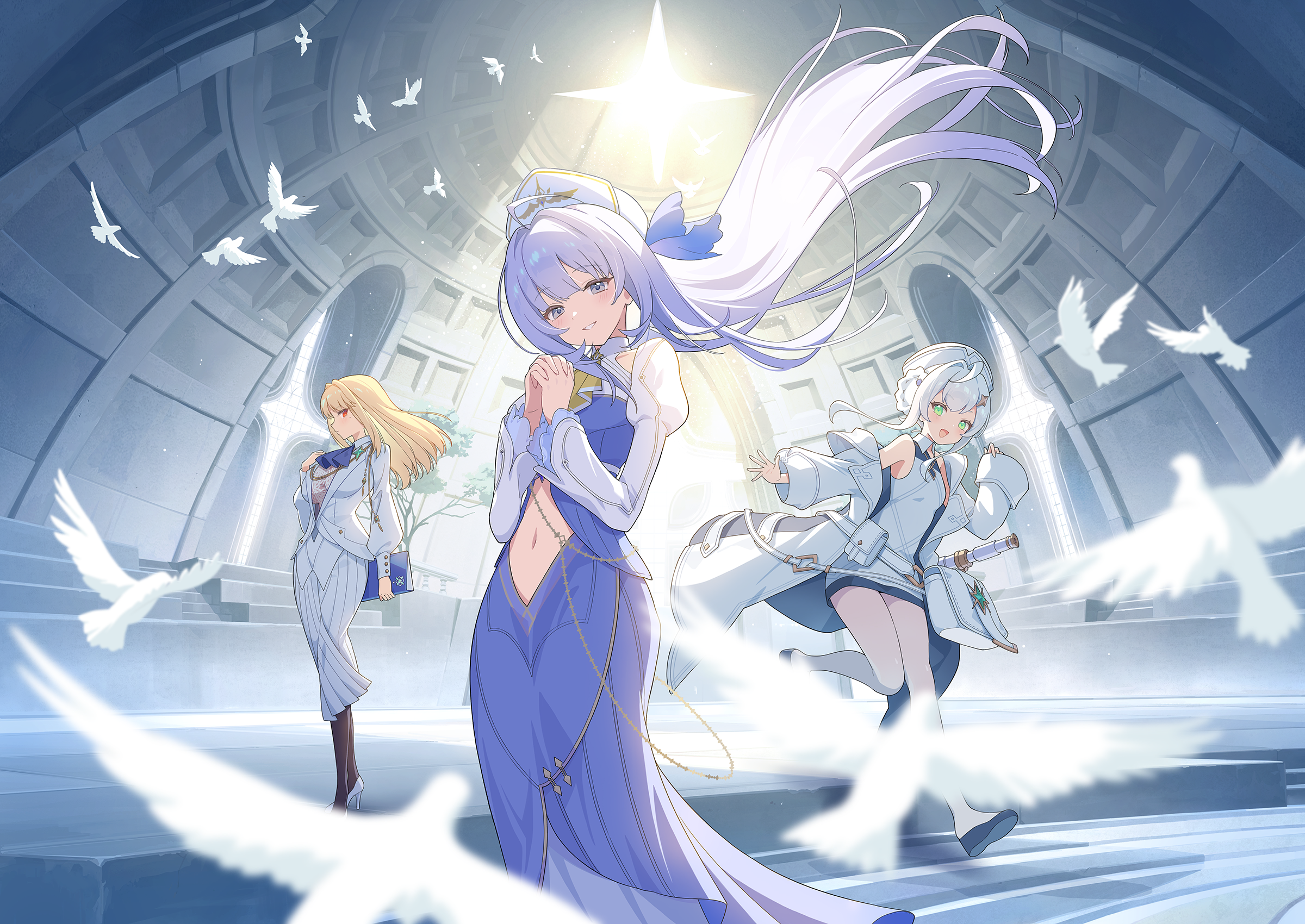 stella sora, character request, game cg, highres, non-web source, official art, 3girls, ascot, bastelina (stella sora), binder, bird, black shoes, blonde hair, breasts, clothing cutout, coat, collared dress, dove, dress, flats, floating hair, formal clothes, grace imperium (stella sora), green eyes, grey eyes, grey hair, grin, hair intakes, hat, holding, holding binder, indoors, interlocked fingers, jacket, juliet sleeves, large breasts, long hair, long sleeves, looking at viewer, multiple girls, navel, navel cutout, off shoulder, open clothes, open coat, own hands clasped, own hands together, pant suit, pants, pantyhose, profile, puffy sleeves, purple dress, red eyes, shoes, short dress, sleeveless, sleeveless dress, small breasts, smile, suit, telescope, very long hair, white bag, white coat, white dress, white hat, white jacket, white pantyhose, yellow ascot
