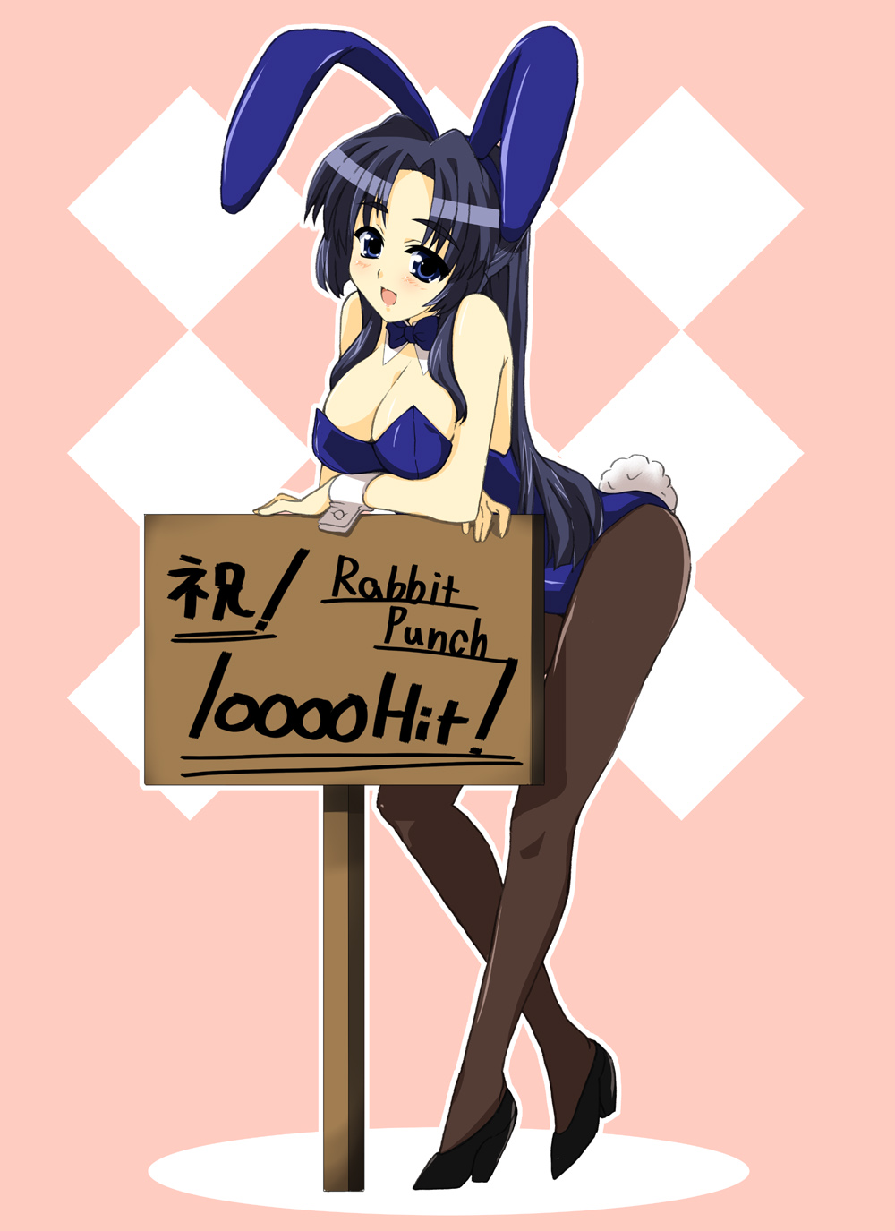 iga tamaki, asakura ryoko, suzumiya haruhi no yuuutsu, highres, 00s, 1girl, animal ears, blue bow, blue bowtie, blue eyes, blue hair, bow, bowtie, breasts, brown pantyhose, cleavage, detached collar, fake animal ears, female focus, half updo, large breasts, long hair, matching hair/eyes, pantyhose, placard, playboy bunny, rabbit ears, rabbit tail, sign, solo, tail