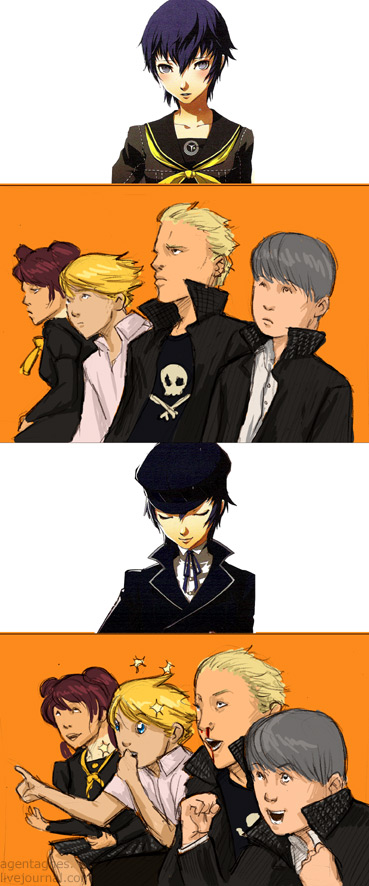 kujikawa rise, kuma (persona 4), narukami yu, shirogane naoto, tatsumi kanji, atlus, persona, persona 4, 2girls, 3boys, androgynous, gaijin 4koma (meme), hat, meme, multiple boys, multiple girls, newsboy cap, parody, reverse trap, school uniform, short hair