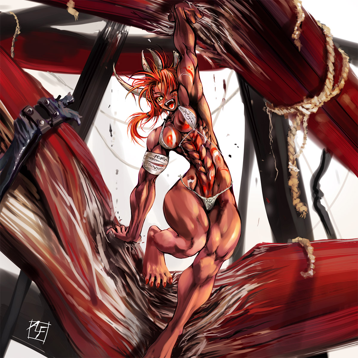 alf874, original, highres, 1girl, abs, bikini, female focus, horns, long hair, monster girl, muscular, oni, pointy ears, red hair, solo, swimsuit, wink, yellow eyes