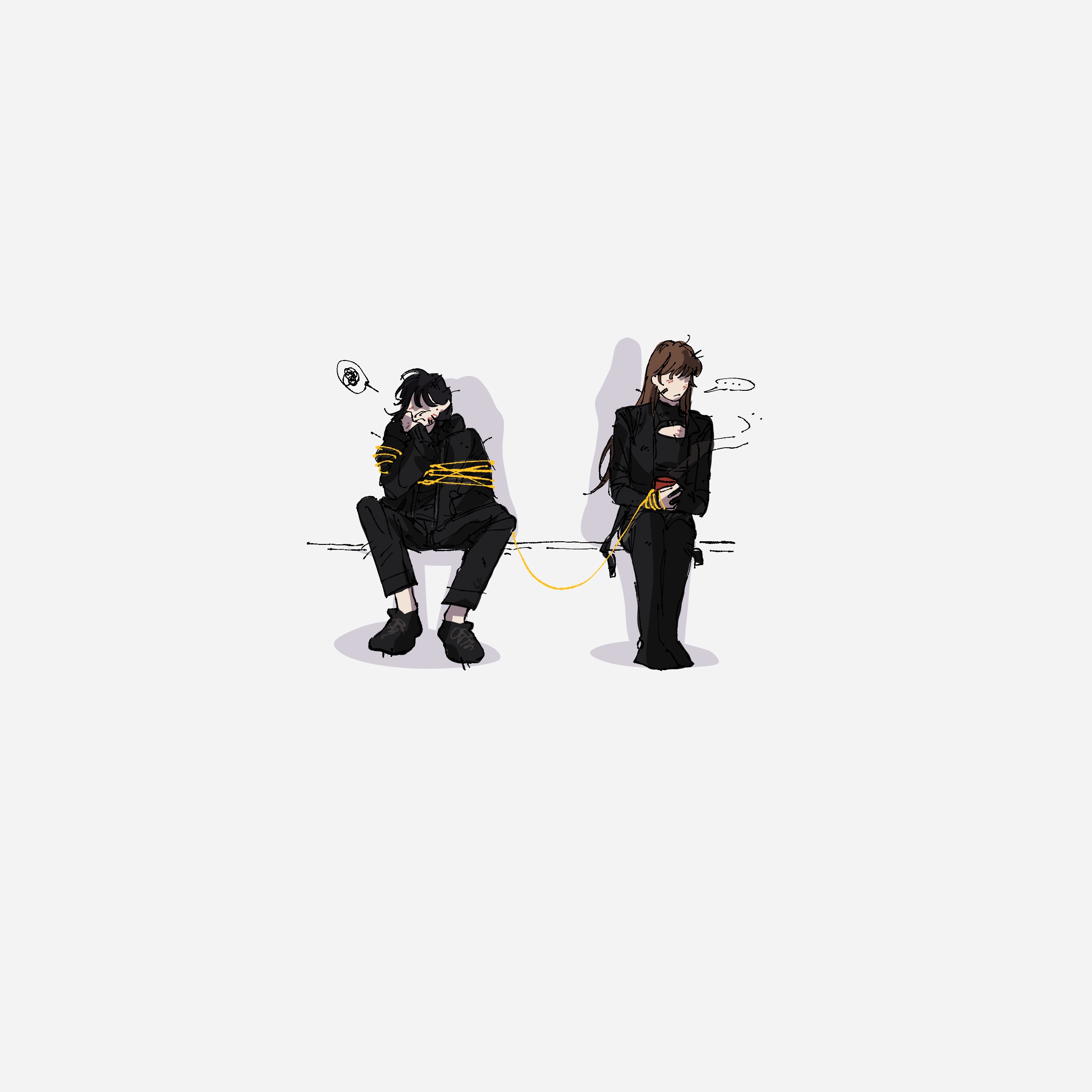 lp (sangkuranak), han sooyoung, yoo sangah, omniscient reader's viewpoint, absurdres, commentary, english commentary, highres, …, 2girls, averting eyes, black coat, black hair, black hoodie, blush, bound, bound arms, bound together, bound wrists, brown hair, coat, embarrassed, full body, hood, hoodie, long hair, multiple girls, short hair, sitting, slouching, spoken ellipsis