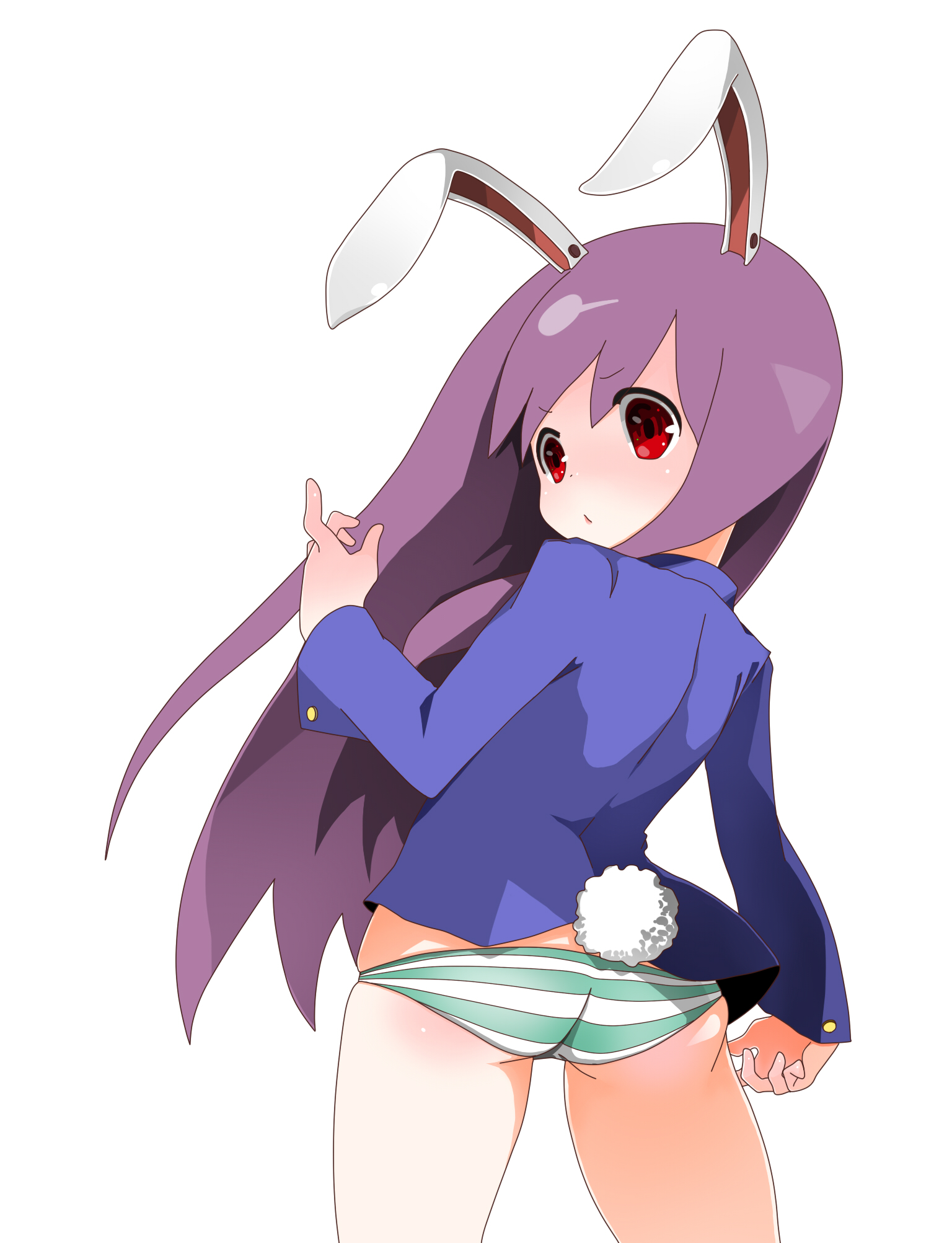 anhiru, reisen udongein inaba, touhou, bad id, bad pixiv id, highres, 1girl, animal ears, ass, blazer, bottomless, female focus, jacket, long hair, looking back, no pants, panties, rabbit ears, rabbit girl, rabbit tail, red eyes, simple background, solo, striped clothes, striped panties, tail, underwear, white background