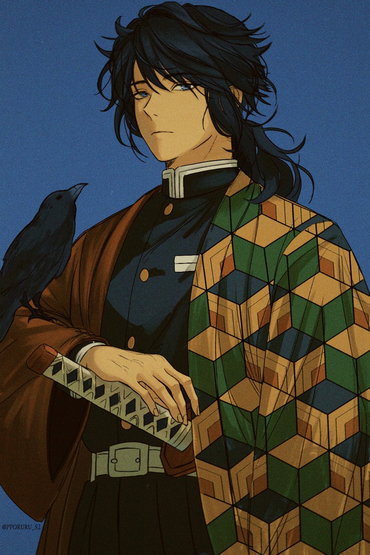 kanzaburou (kimetsu no yaiba), tomioka giyuu, kimetsu no yaiba, highres, 1boy, belt, bird, black hair, black jacket, black pants, blue background, blue eyes, buttons, closed mouth, crow, demon slayer uniform, gold buttons, hair between eyes, haori, high collar, jacket, japanese clothes, katana, kikkoumon, looking at another, looking at viewer, low ponytail, male focus, pants, ponytail, pporuru s2, print haori, red haori, solo, spiked hair, sword, twitter username, weapon, white belt