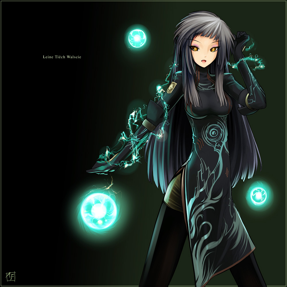 alf874, bad id, bad pixiv id, 1girl, black hair, china dress, chinese clothes, dress, elbow gloves, electricity, energy, eyeshadow, female focus, german text, gloves, grey hair, long hair, magic, makeup, open mouth, solo, yellow eyes