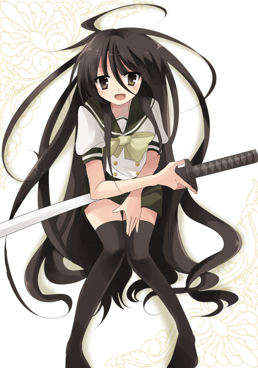 shana, shakugan no shana, bad id, bad pixiv id, 00s, black hair, brown eyes, long hair, school uniform, solo, thighhighs