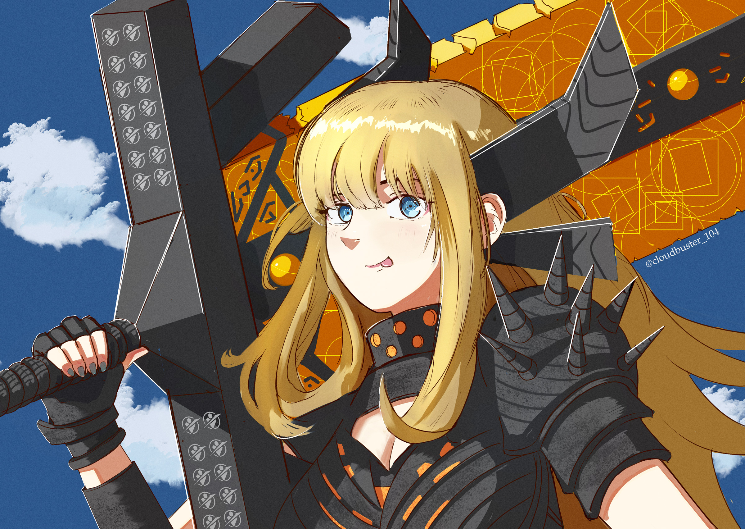 magik (x-men), marvel, new mutants, x-men, commentary, english commentary, highres, 1girl, artist name, black gloves, blonde hair, blue eyes, breasts, cleavage, cloud, cloudbuster 104, fingerless gloves, gloves, holding, holding sword, holding weapon, long hair, looking at viewer, shoulder spikes, sidelocks, smile, solo, spikes, sword, tongue, tongue out, twitter username, weapon
