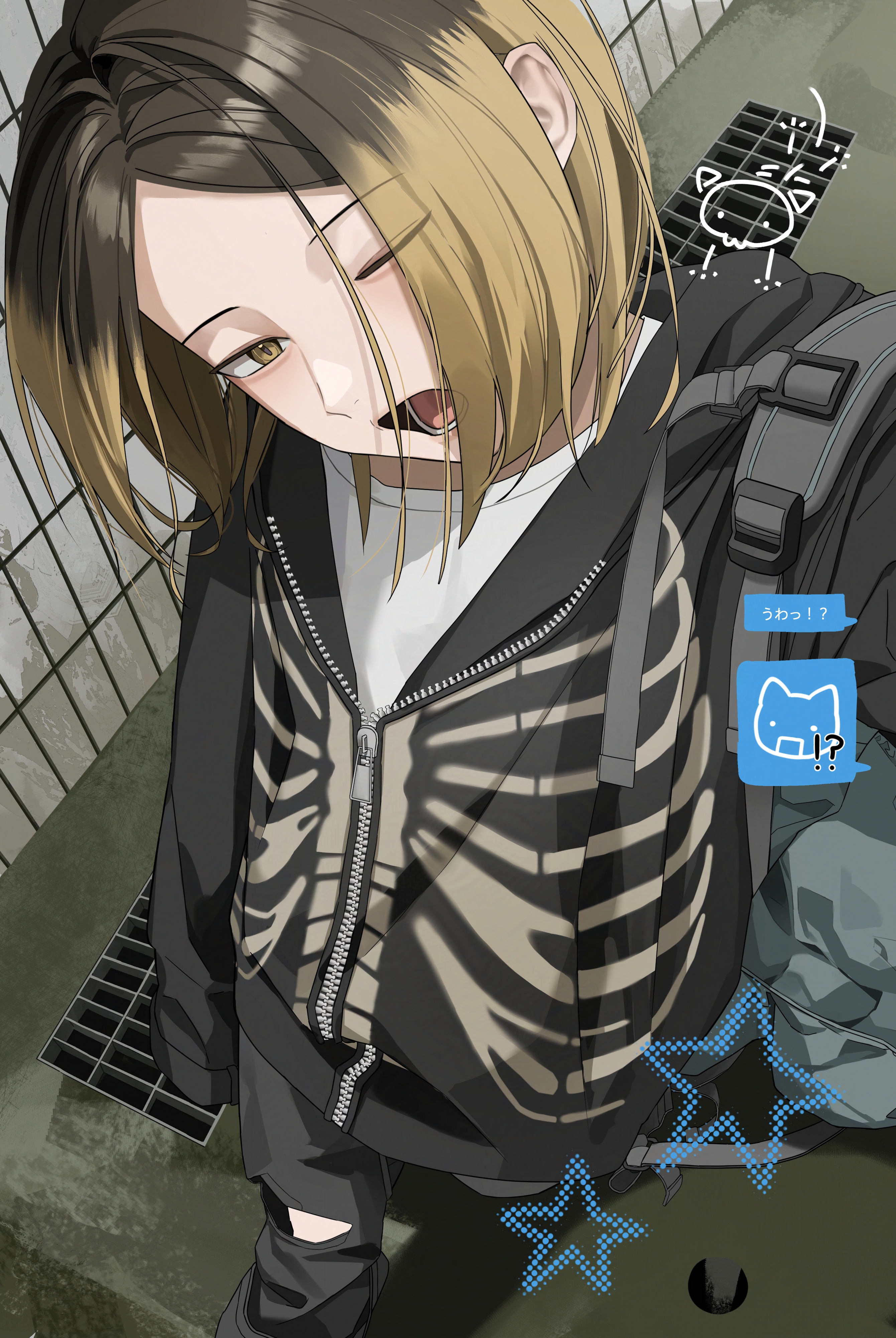 shujxxn, kozume kenma, haikyuu!!, absurdres, commentary, highres, translation request, 1boy, backpack, bag, black hair, blonde hair, from above, full-length zipper, jacket, looking at viewer, lower teeth only, male focus, one eye closed, short hair, skeleton print, slit pupils, solo, star (symbol), teeth, tongue, yawning, yellow eyes, zipper