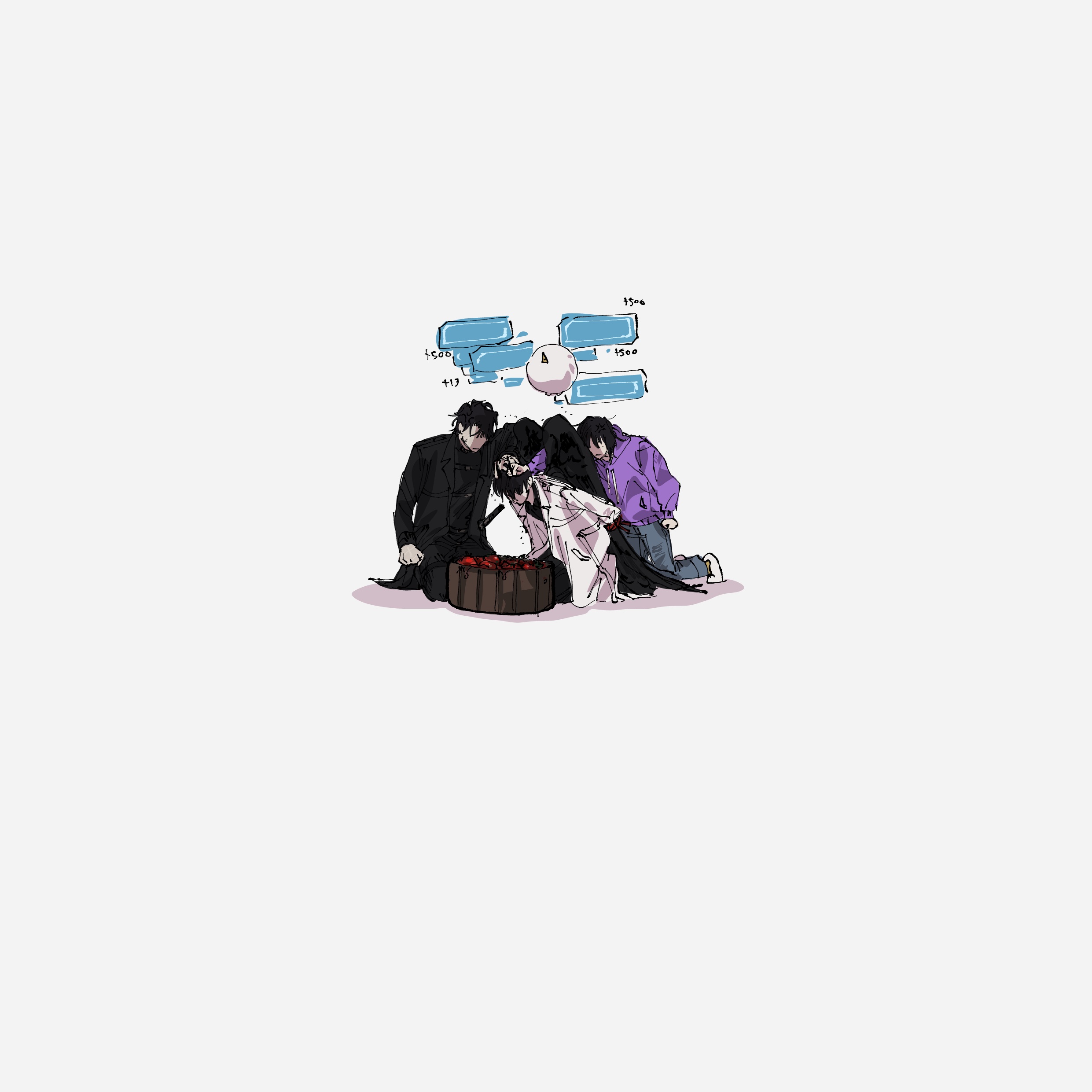 lp (sangkuranak), biyoo (omniscient reader's viewpoint), han sooyoung, kim dokja, yoo joonghyuk, omniscient reader's viewpoint, absurdres, highres, 1girl, 2boys, apple bobbing, arms behind back, black coat, black hair, bucket, bucket of water, coat, grabbing another's hair, holding another's hair, holographic interface, hood, hood down, hoodie, kneeling, multiple boys, open clothes, open coat, popped collar, purple hoodie, seiza, short hair, sitting, white coat