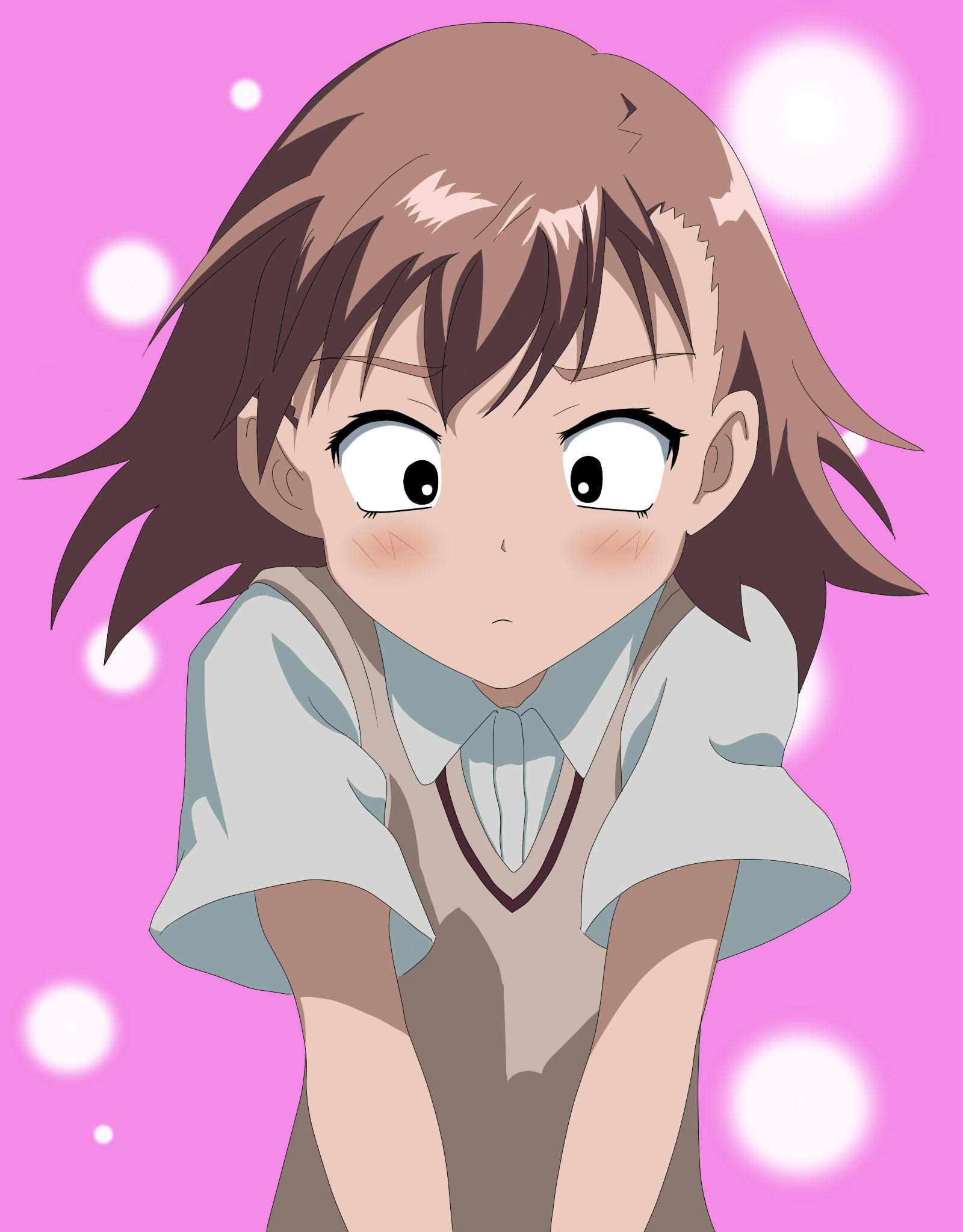walther p27, warusa p27, misaka mikoto, toaru majutsu no index, highres, 00s, blush, brown hair, school uniform, short hair, solo