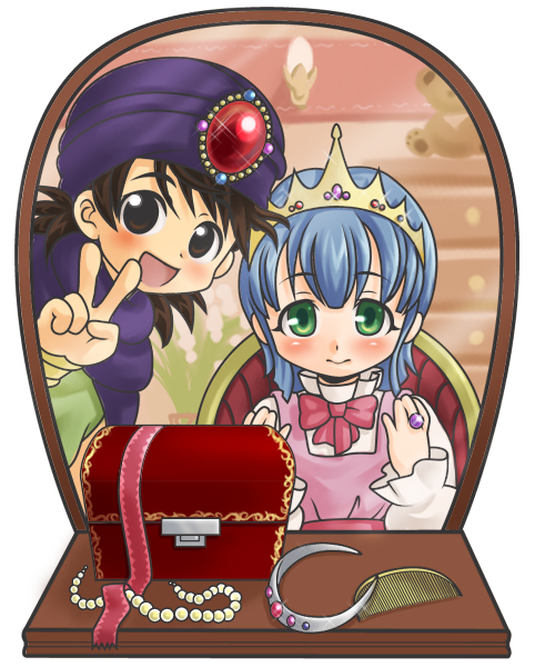 demerin, flora (dq5), hero (dq5), dragon quest, dragon quest v, 1boy, 1girl, :d, aged down, blue hair, blush, bow, brown eyes, brown hair, cape, child, comb, green eyes, jewelry, mirror, necklace, open mouth, pearl necklace, ring, short hair, smile, tiara, turban, v