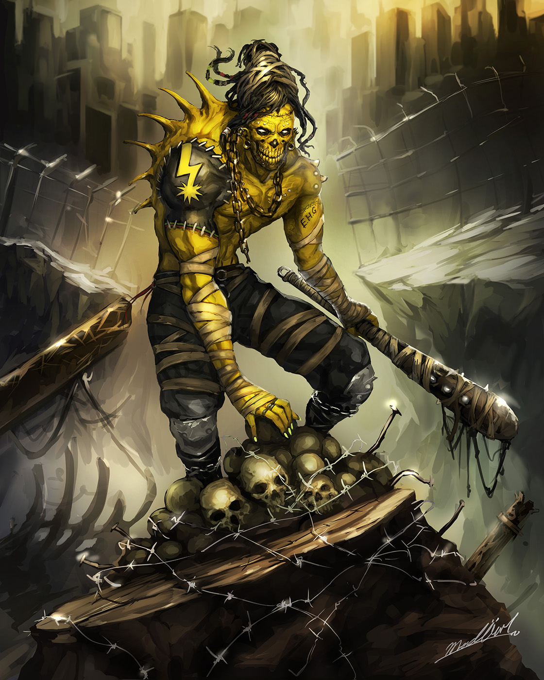 madowl, ars goetia, heavy metal, underworld, highres, apocalypse, armor, asymmetrical arms, bandaged arm, bandaged leg, bandages, barbatos (ars goetia), barbell piercing, baseball bat, belt, black hair, black pants, boots, chain, chain around neck, cityscape, colored skin, destruction, ear piercing, earrings, eyebrow piercing, face piercing, holding, holding weapon, industrial piercing, jewelry, knee guards, long hair, looking at viewer, multiple piercings, pants, piercing, pile of skulls, punk, skull, smile, solo, spiked bat, spikes, stitches, weapon