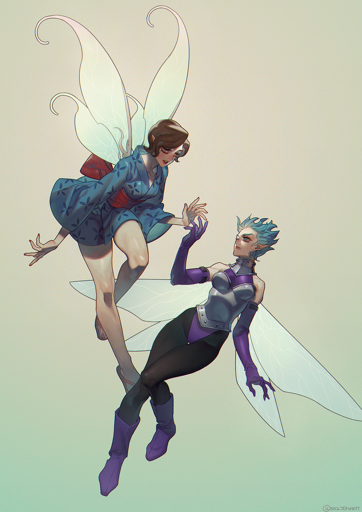 dearest24, high pixie (megami tensei), devil summoner (series), devil summoner 2: raidou kuzunoha vs king abaddon, shin megami tensei, shin megami tensei iii: nocturne, commentary request, highres, 2girls, armor, bare shoulders, blue eyes, blue hair, blush, boobplate, boots, breastplate, breasts, brown hair, demon (megami tensei), earrings, elbow gloves, gloves, japanese clothes, jewelry, kimono, multiple girls, obi, pointy ears, purple boots, purple gloves, red eyes, sandals, sash, simple background, wings