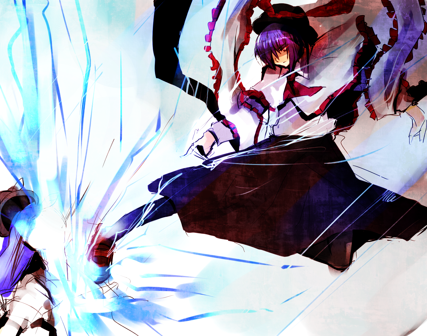 un-known (ninesix), hinanawi tenshi, nagae iku, touhou, bad id, bad pixiv id, 2girls, blue hair, female focus, gradient background, hat, kicking, multiple girls, purple hair, red eyes, white background