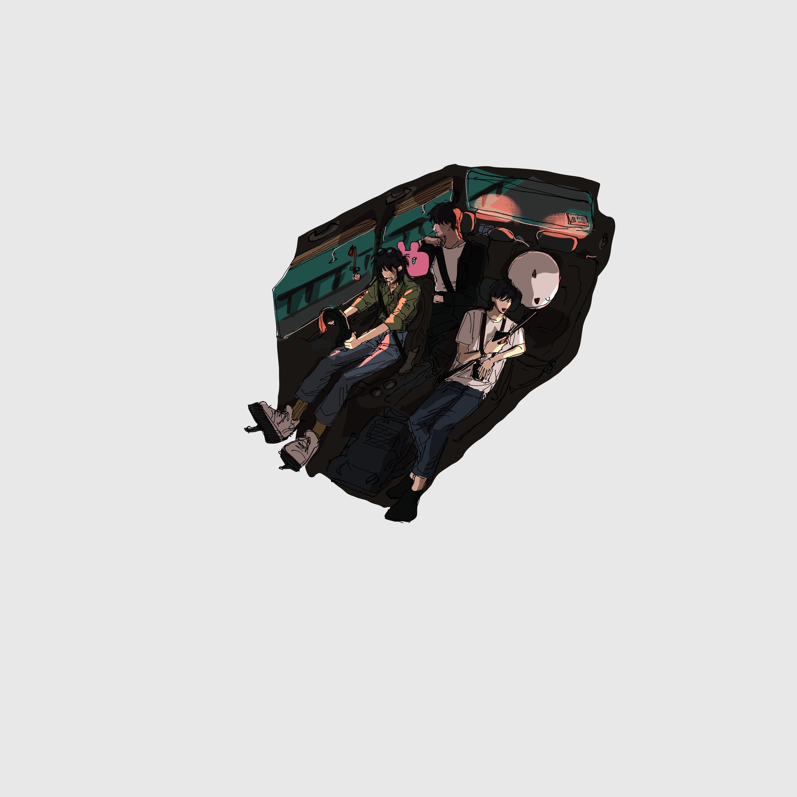 lp (sangkuranak), biyoo (omniscient reader's viewpoint), han sooyoung, kim dokja, yoo joonghyuk, omniscient reader's viewpoint, absurdres, highres, 1girl, 2boys, black coat, black hair, car, coat, crossed ankles, denim, driving, from above, full body, green shirt, indoors, isometric, jeans, motor vehicle, multiple boys, night, outstretched legs, pants, railing, road, seatbelt, shirt, short hair, sitting, sleeves rolled up, steering wheel, street, white shirt