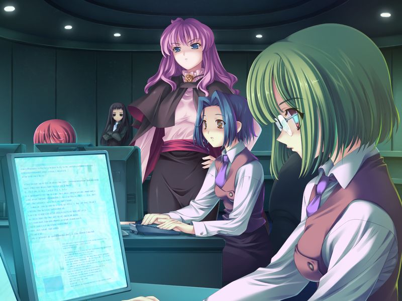 ijuuin mikage, takanashi kei, shuumatsu shoujo gensou alicematic, game cg, non-web source, 4girls, black hair, blue eyes, blue hair, brown eyes, computer, dark room, glasses, green hair, long hair, multiple girls, pink hair, red hair, school uniform, short hair