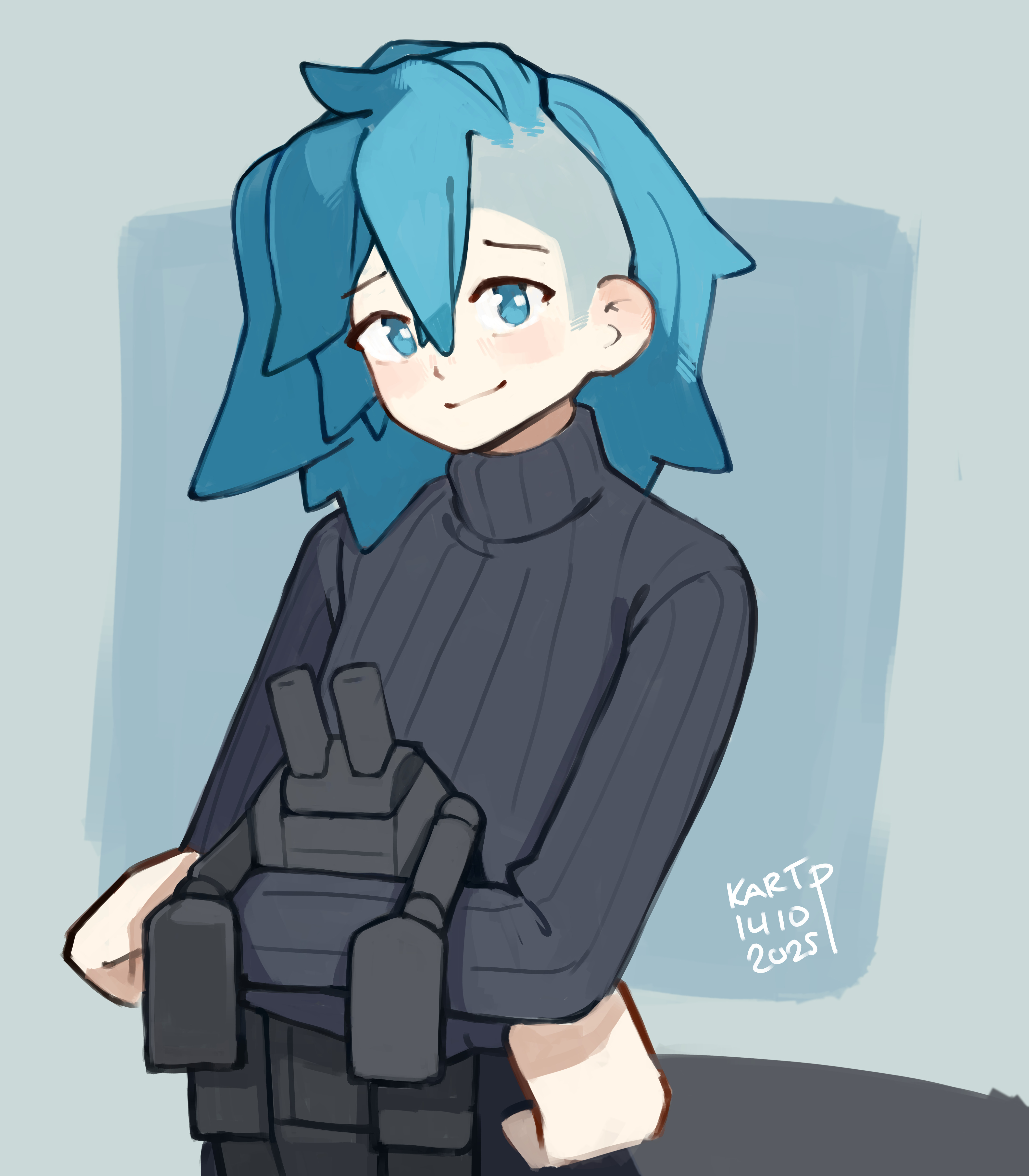 kart prowler, original, absurdres, highres, 1girl, aqua eyes, artist name, asymmetrical hair, blush, closed mouth, dated, grey sweater, medium hair, nyx (kart prowler), sidecut, smile, solo, sweater, turtleneck, turtleneck sweater, undercut, upper body