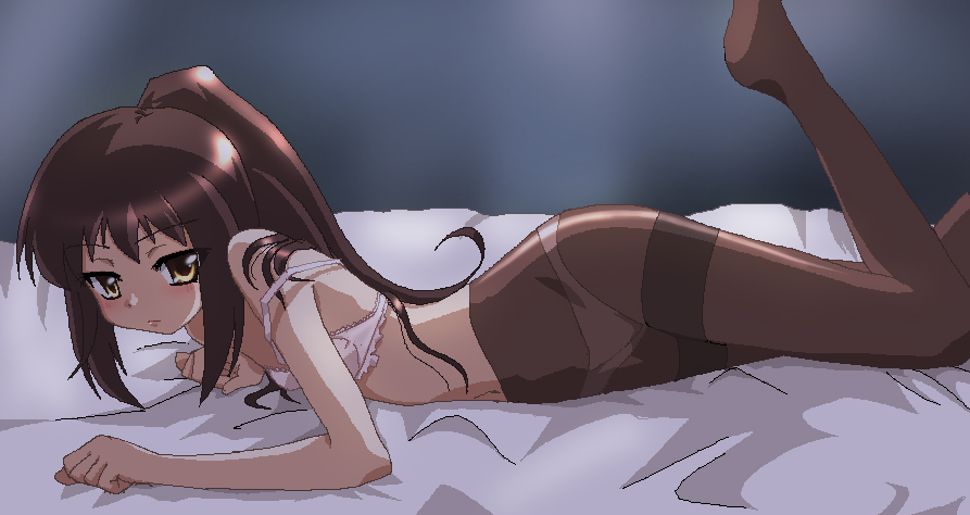hayashiya zankurou, kyonko, suzumiya haruhi no yuuutsu, gender request, 00s, 1girl, bra, brown eyes, brown hair, female focus, genderswap, lingerie, long hair, lying, on side, on stomach, panties, panties under pantyhose, pantyhose, ponytail, see-through clothes, solo, thighband pantyhose, underwear, underwear only