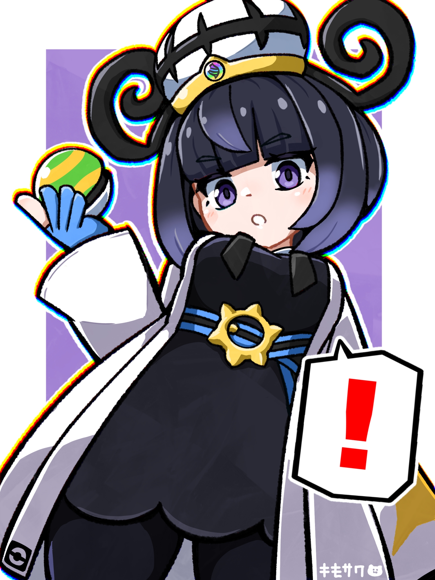 gwynn (pokemon), nintendo, pokemon, pokemon legends: z-a, highres, !, 1girl, :o, black dress, black hair, blue gloves, blunt bangs, coat, dress, gloves, holding, holding poke ball, kimosawa (nxep3783), long sleeves, looking at viewer, mega stone, nest ball, open clothes, open coat, open mouth, partially fingerless gloves, poke ball, purple eyes, short hair, solo, spoken exclamation mark, white coat