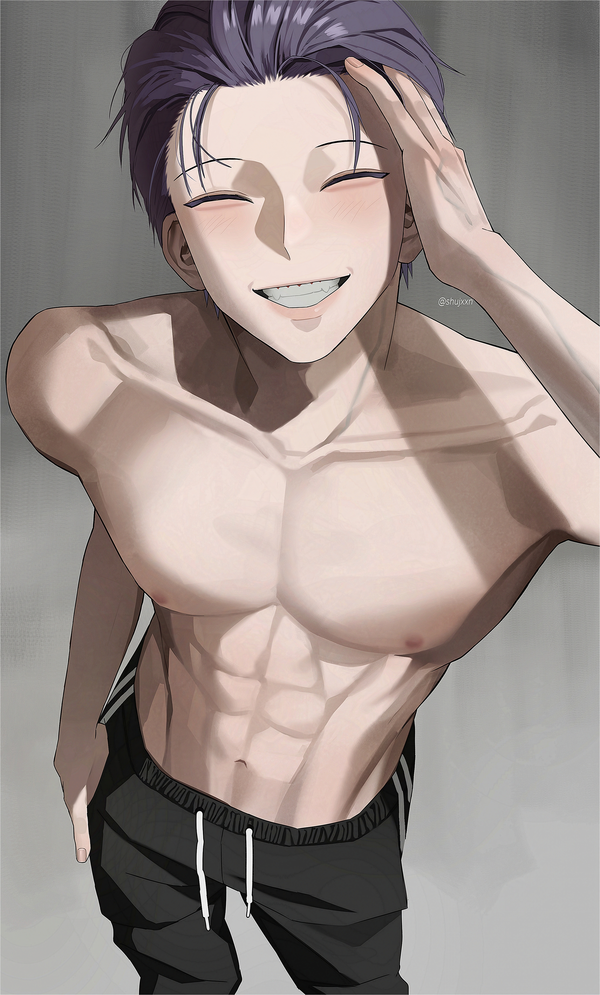 shujxxn, hoshina soshiro, kaijuu no. 8, absurdres, commentary request, highres, 1boy, abs, closed eyes, collarbone, facing viewer, grin, male focus, navel, nipples, pectorals, purple hair, short hair, smile, solo, teeth, topless male, twitter username
