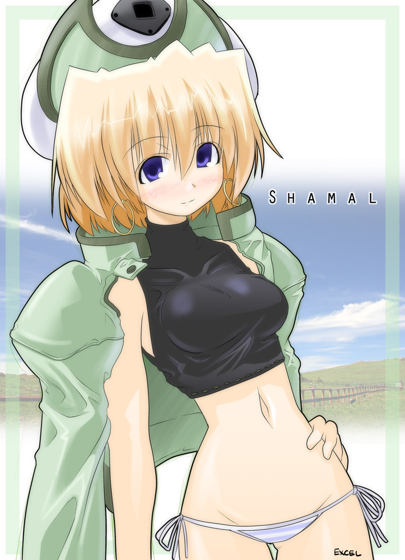 excel (gewalt), shamal, lyrical nanoha, mahou shoujo lyrical nanoha, mahou shoujo lyrical nanoha a's, 00s, blonde hair, blue eyes, blush, midriff, navel, panties, short hair, side-tie panties, solo, underwear