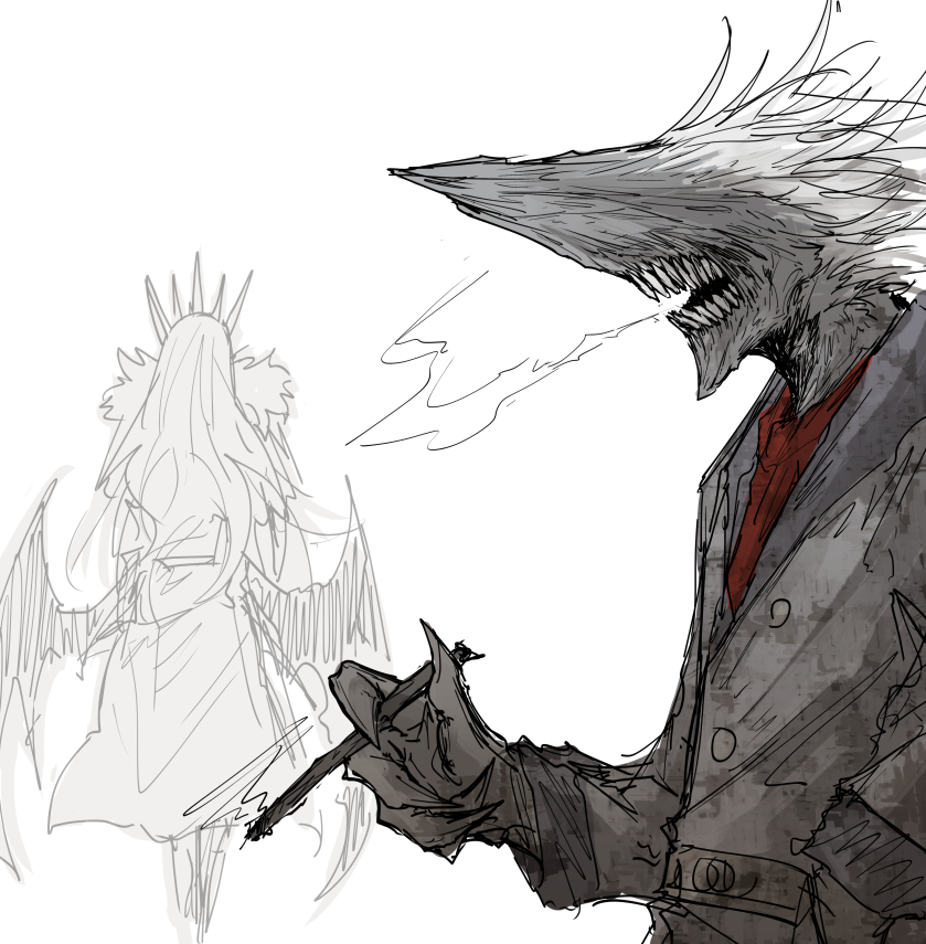 kankan33333, original, blot plot, cigar, coat, from side, grey coat, holding, holding cigar, jemiru (kankan33333), long hair, long sleeves, low wings, monster, monster boy, no eyes, open mouth, sharp teeth, simple background, sketch, smoking, teeth, upper body, white background, wings