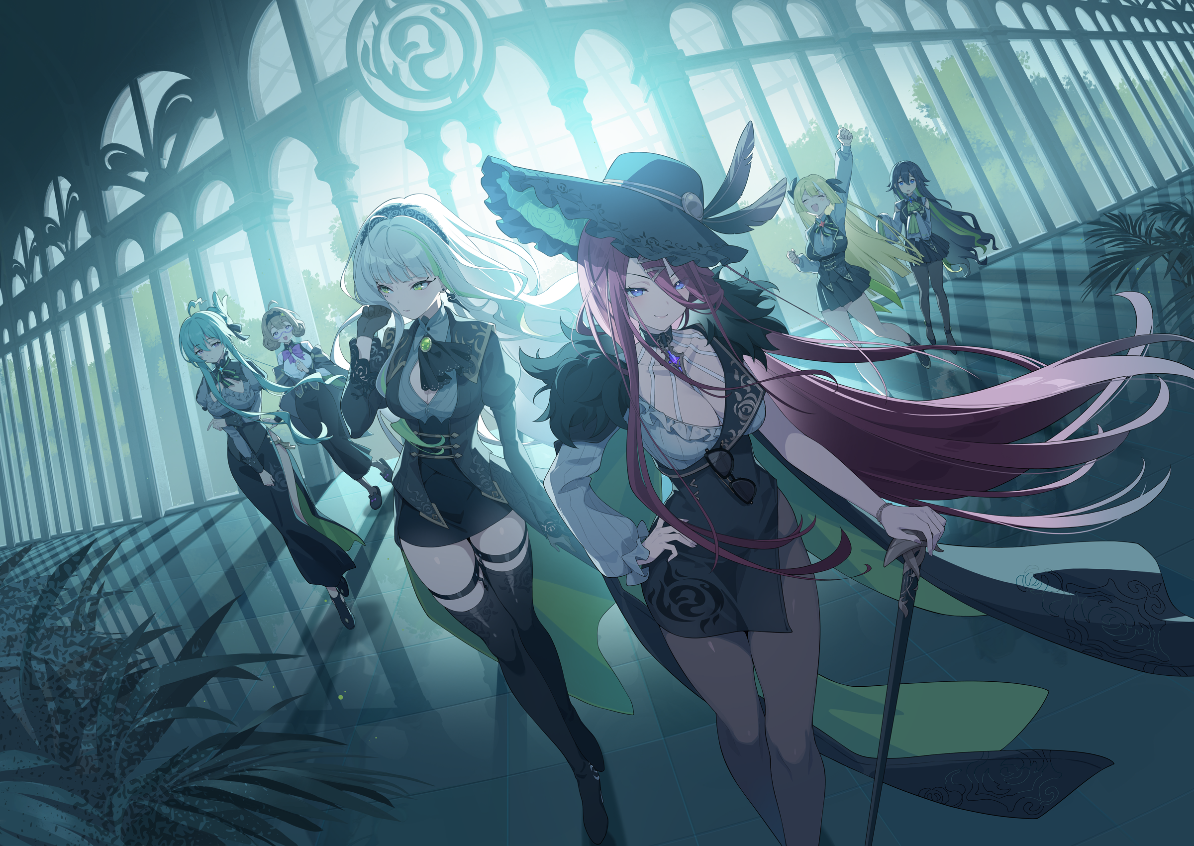 stella sora, character request, game cg, highres, non-web source, official art, >:), 6+girls, ahoge, aqua hair, backlighting, black coat, black dress, black hair, black hairband, black hat, black pantyhose, black skirt, black thighhighs, blonde hair, blue eyes, breasts, brown hair, cane, cleavage, coat, double bun, dress, earrings, gradient hair, green eyes, green hair, grey hair, grey shirt, hair between eyes, hair bun, hairband, hat, holding, holding cane, jewelry, large breasts, legwear garter, long hair, long hair between eyes, long skirt, looking at viewer, loosely tucked bangs, miniskirt, multicolored hair, multiple girls, open clothes, open coat, pantyhose, pleated skirt, red hair, shirt, short dress, side slit, single-shoulder dress, skirt, smile, streaked hair, thighhighs, united harvest (stella sora), v-shaped eyebrows, very long hair, white shirt