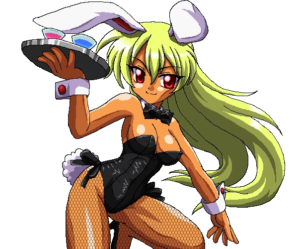dragon (artist), natajya, shinrabanshou, 1girl, animal ears, blonde hair, chalice, cup, dark-skinned female, dark skin, fake animal ears, female focus, fishnet pantyhose, fishnets, long hair, pantyhose, playboy bunny, rabbit ears, red eyes, solo, tray