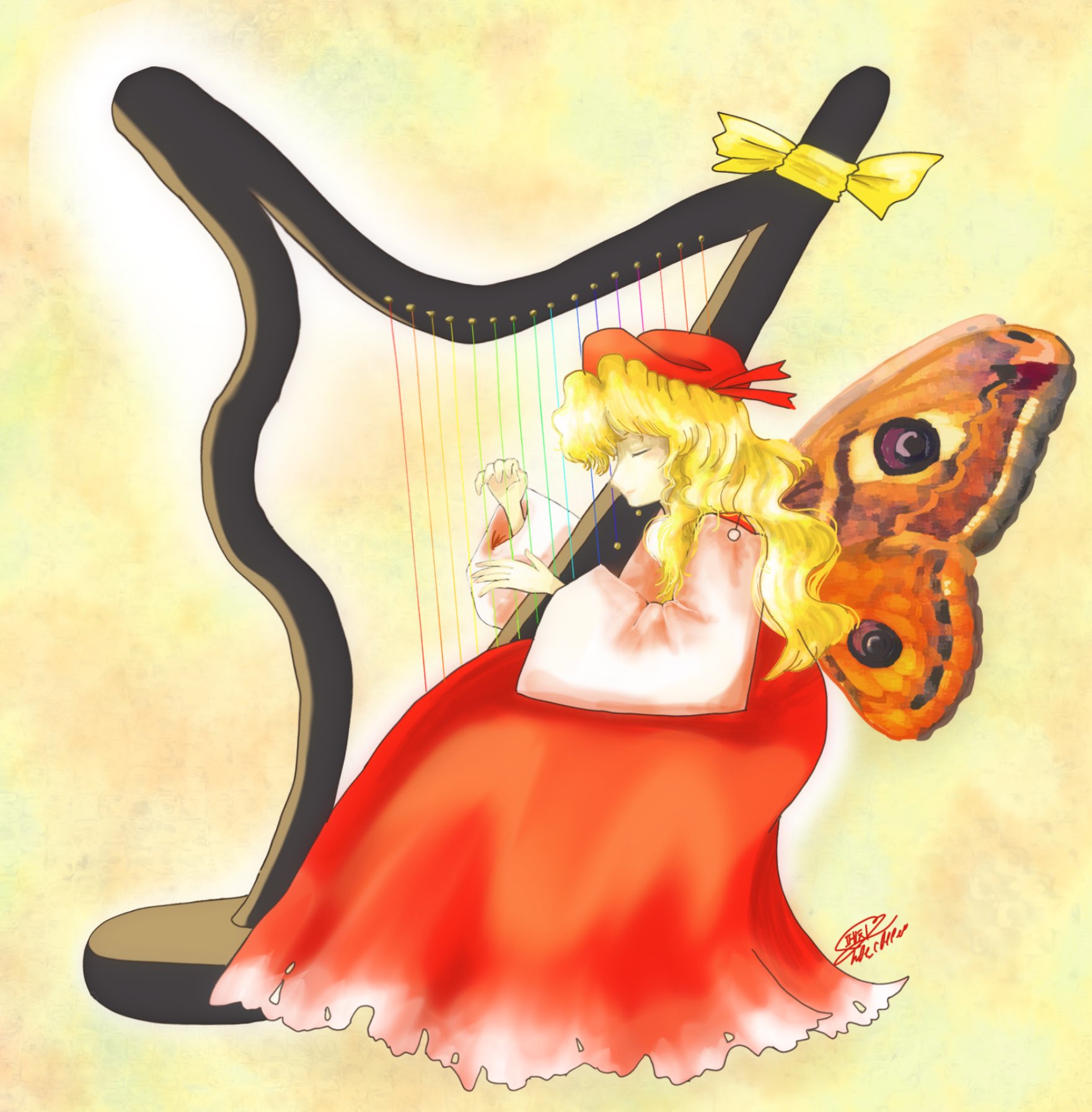 pechi (h0t c0ffee), hourai girl (touhou), portrait of exotic girls, touhou, highres, 1girl, blonde hair, closed eyes, closed mouth, detached sleeves, dress, harp, hat, insect wings, instrument, light smile, long hair, moth wings, music, playing instrument, red dress, red hat, ribbon, signature, simple background, solo, wavy hair, white sleeves, wide sleeves, wings, yellow ribbon