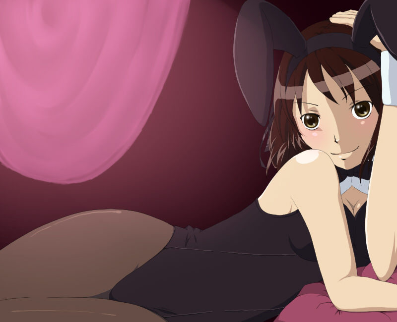 mattsun, suzumiya haruhi, suzumiya haruhi no yuuutsu, bad id, bad pixiv id, 00s, animal ears, black bow, black bowtie, bow, bowtie, brown eyes, brown hair, brown pantyhose, detached collar, fake animal ears, lying, on side, pantyhose, playboy bunny, rabbit ears, solo