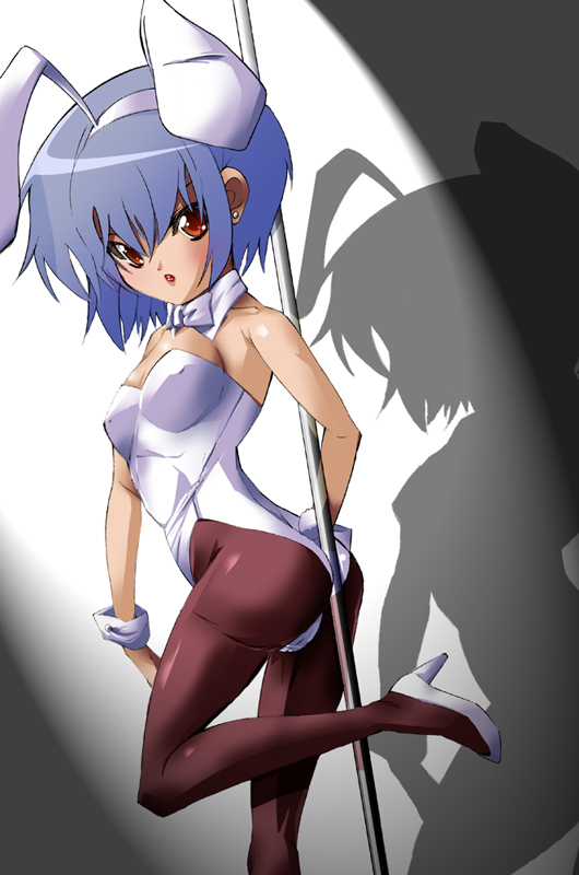 yashikoba, nagato yuki, suzumiya haruhi no yuuutsu, silver hair, bad id, bad pixiv id, 00s, 1girl, animal ears, ass, blue eyes, blue hair, brown eyes, dancing, fake animal ears, female focus, matching hair/eyes, pantyhose, playboy bunny, pole, pole dancing, rabbit ears, short hair, solo, stripper, stripper pole