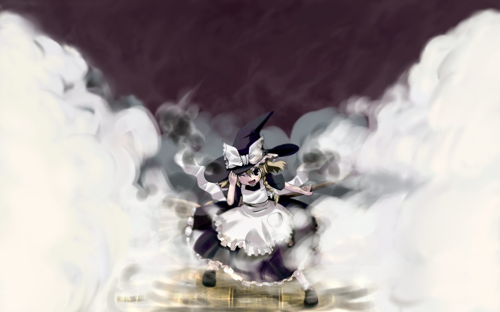 haniwa, haniwa (leaf garden), kirisame marisa, touhou, highres, 1girl, blonde hair, braid, broom, dust, female focus, hair ribbon, hand on headwear, hat, magic circle, ribbon, smoke, solo, witch, witch hat