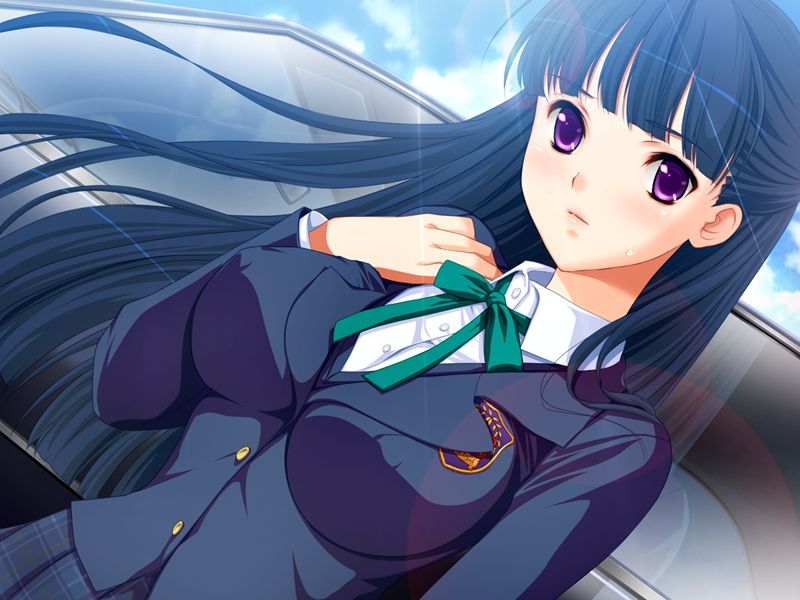 koizumi amane, takatou mizuki, chikan senyou sharyou, plaid, game cg, non-web source, 1girl, blue hair, blush, breasts, covered erect nipples, dutch angle, female focus, large breasts, long hair, purple eyes, reflection, school uniform, sky, solo