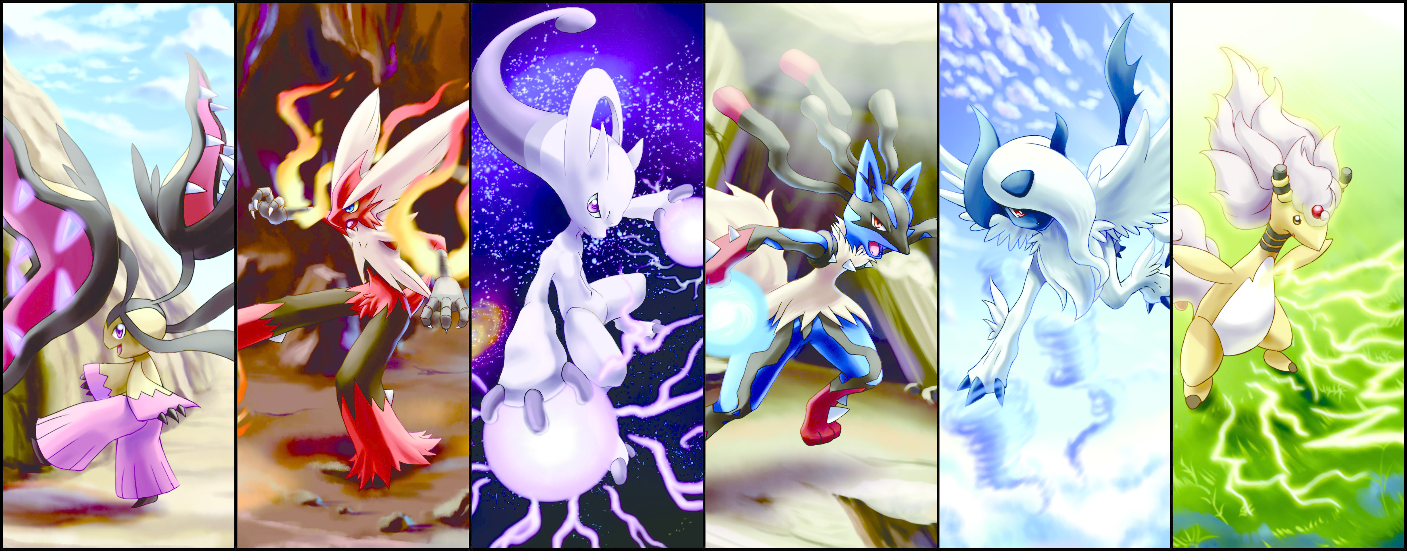hooh lin, absol, ampharos, blaziken, lucario, mawile, mega absol, mega ampharos, mega blaziken, mega lucario, mega mawile, mega mewtwo y, mewtwo, nintendo, pokemon, absurdres, commentary request, highres, blue eyes, blue sky, claws, closed mouth, cloud, colored sclera, day, electricity, energy ball, fangs, fire, gen 1 pokemon, gen 2 pokemon, gen 3 pokemon, gen 4 pokemon, legendary pokemon, mega pokemon, open mouth, outdoors, pink eyes, pokemon (creature), pokemon focus, purple eyes, red eyes, sky, smile, standing, standing on one leg, yellow sclera