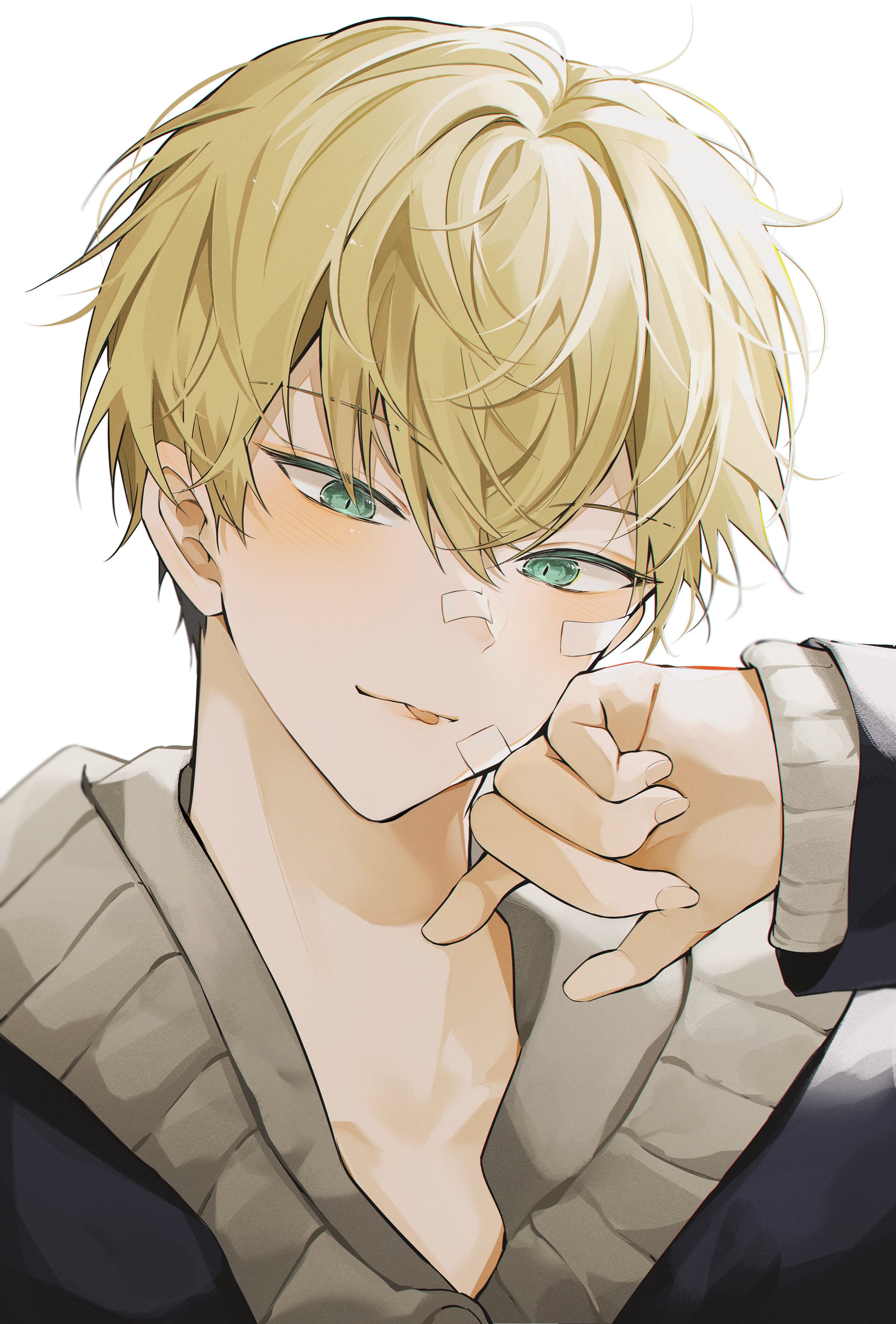 myanya, matsuno chifuyu, tokyo revengers, absurdres, commentary request, highres, korean commentary, 1boy, aqua eyes, blonde hair, blush, closed mouth, fingernails, male focus, mismatched eyebrows, short hair, simple background, slit pupils, solo, tongue, tongue out, white background