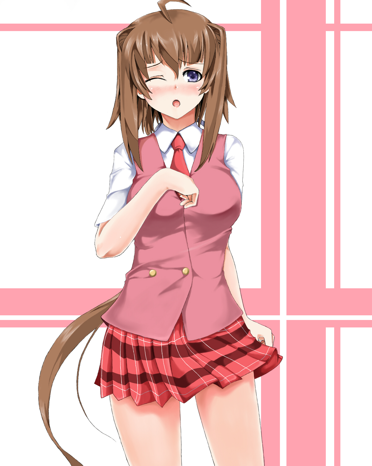 kiriya obu gn, nagase kaede, mahou sensei negima!, highres, md5 mismatch, resolution mismatch, source smaller, 00s, 1girl, alternate hair color, blue eyes, blush, brown hair, female focus, long hair, one eye closed, school uniform, solo, very long hair, wink
