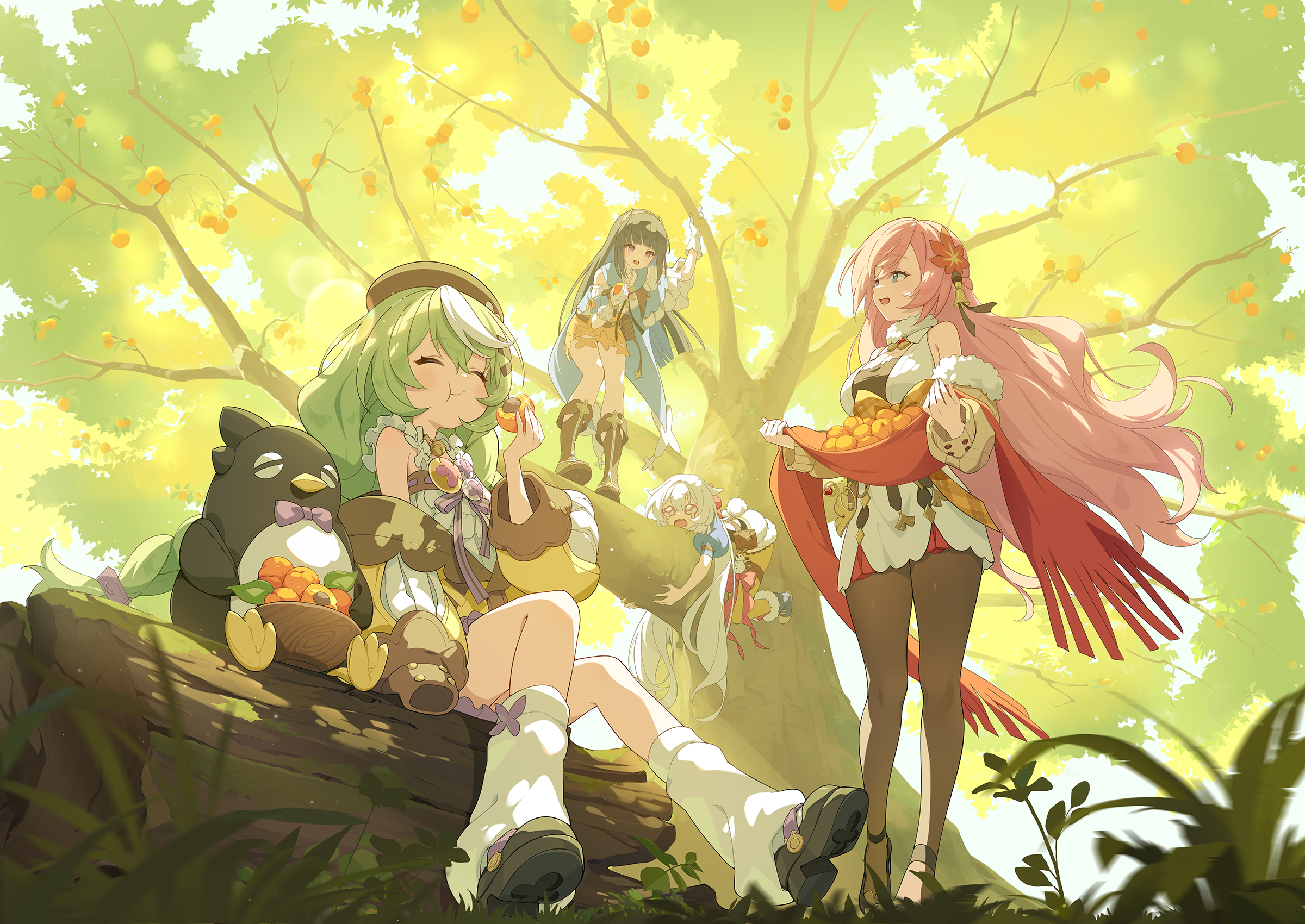 stella sora, character request, game cg, highres, non-web source, official art, 4girls, apricot (fruit), bare shoulders, black hair, black pantyhose, black shoes, blue hair, braid, breasts, cleavage, colored inner hair, day, dress, frilled dress, frilled skirt, frills, fuyuka (stella sora), gloves, green hair, hair ornament, holding shawl, in tree, jacket, kaede (stella sora), large breasts, leaf, leaf hair ornament, leg warmers, long hair, low twin braids, maple leaf, maple leaf hair ornament, miniskirt, multicolored hair, multiple girls, nazuna (stella sora), off shoulder, open clothes, open jacket, open mouth, pantyhose, petal bloom (stella sora), pink hair, red eyes, shawl, sherlock (stella sora), shoes, short dress, single sleeve past fingers, sitting, skirt, sleeveless, sleeveless dress, standing, stuffed animal, stuffed penguin, stuffed toy, tearing up, tree, twin braids, very long hair, walking, wavy mouth, white dress, white gloves, white hair, white leg warmers, wooden bowl, yellow jacket, yellow skirt