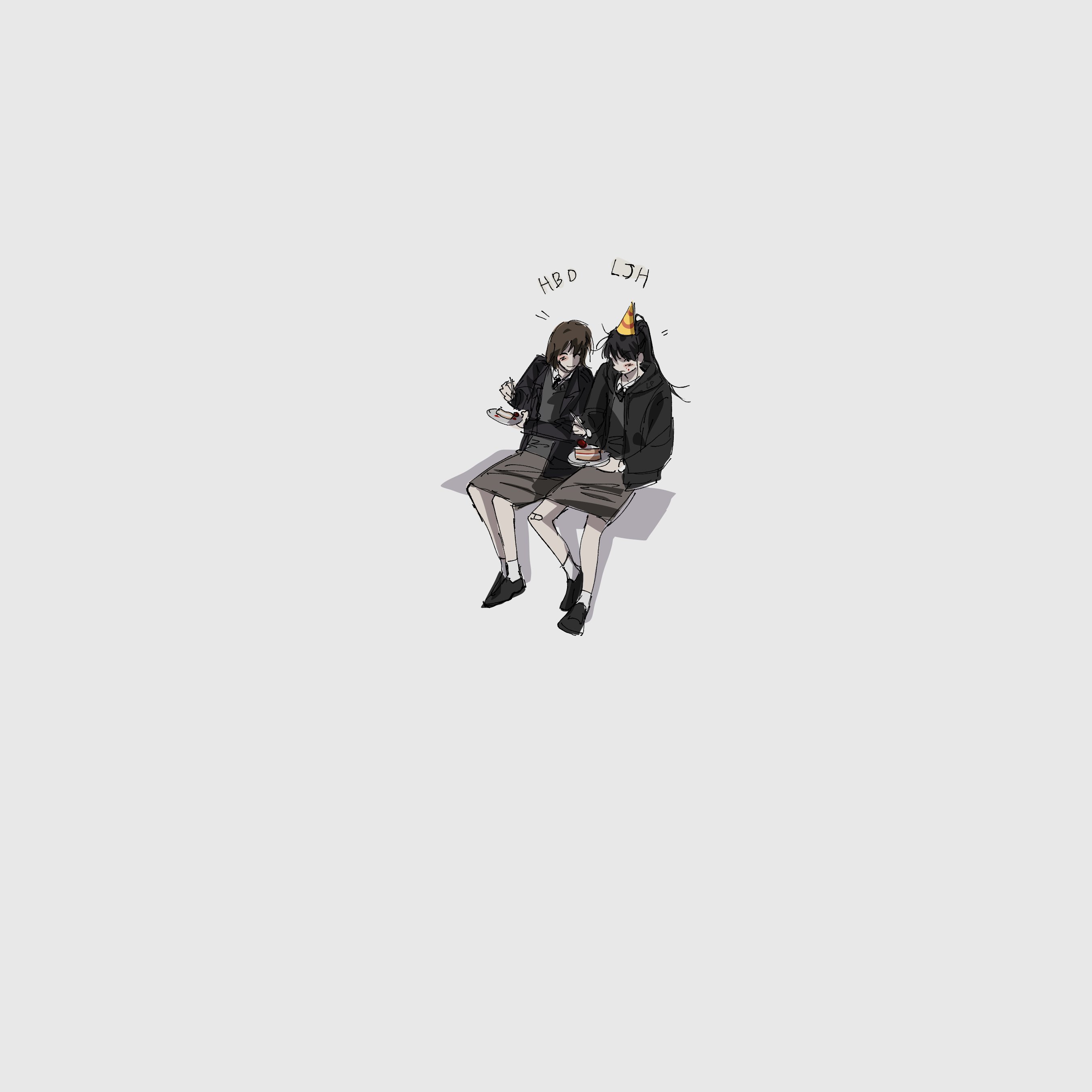 lp (sangkuranak), lee jihye, omniscient reader's viewpoint, absurdres, highres, 2girls, bandaid, bandaid on knee, bandaid on leg, black hair, blush, bob cut, brown hair, brown shirt, cake, cake slice, food, full body, happy birthday, hat, high ponytail, holding, holding plate, multiple girls, na bori, party hat, plate, ponytail, shirt, short hair, sitting, yuri